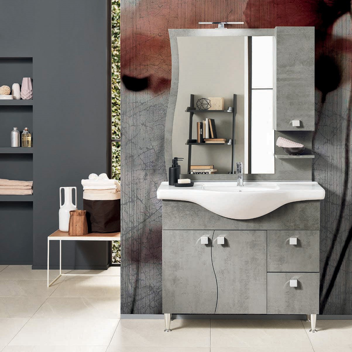 Mobile da Bagno a Terra  85 cm Cemento Chiaro Specchiera Applique e Lavabo Inclusi | Bluelife Onda