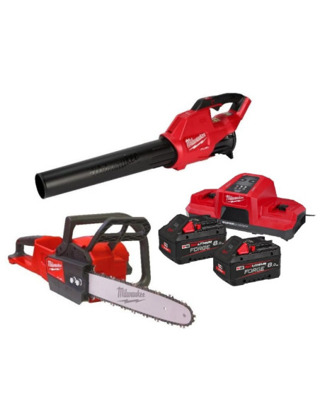 Kit 18V Soffiatore + Elettrosega + Due Batterie FORGE 8 Ah e Caricabatterie Simultaneo Rapido | Milwaukee M18FPP2OPL13-802