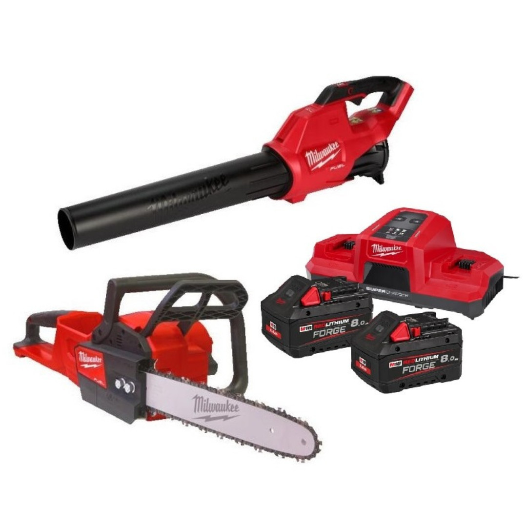 Kit 18V Soffiatore + Elettrosega + Due Batterie FORGE 8 Ah e Caricabatterie Simultaneo Rapido | Milwaukee M18FPP2OPL13-802