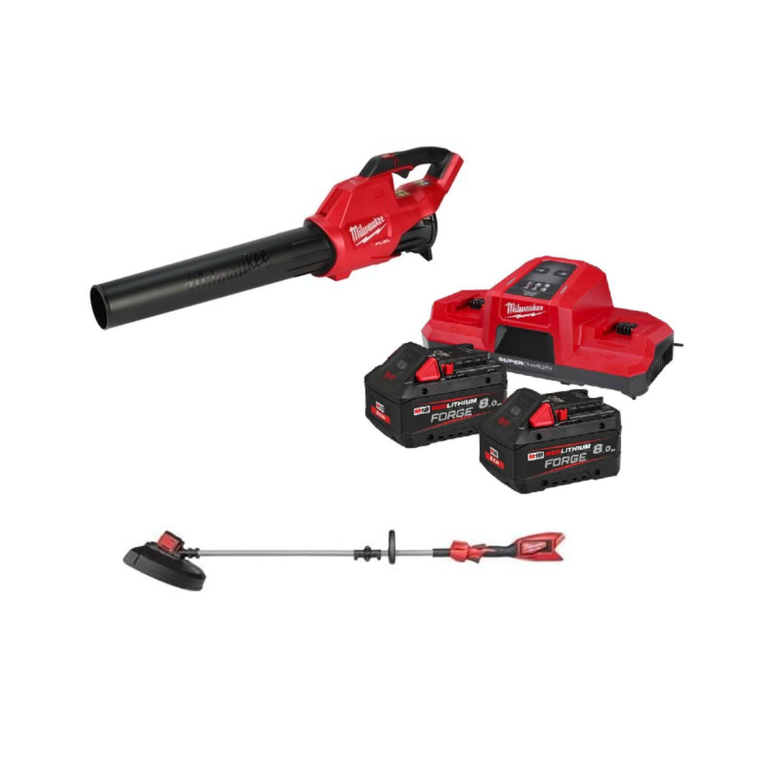 Kit 18V Soffiatore + Decespugliatore + Due Batterie FORGE 8 Ah e Caricabatterie Simultaneo Rapido | Milwaukee M18FPP2OPL12-802