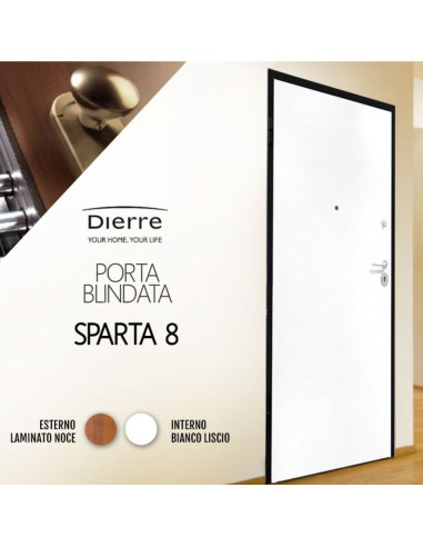 Porta Blindata Interno Bianco Liscio Esterno Noce L 90  x 210 cm  | Dierre Sparta 8 Dx Porte Blindate