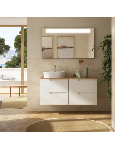 Mobile da Bagno Sospeso 120 cm Bianco Opaco con Top Rovere Africa e Specchio Inclusi | Salgar Vima
