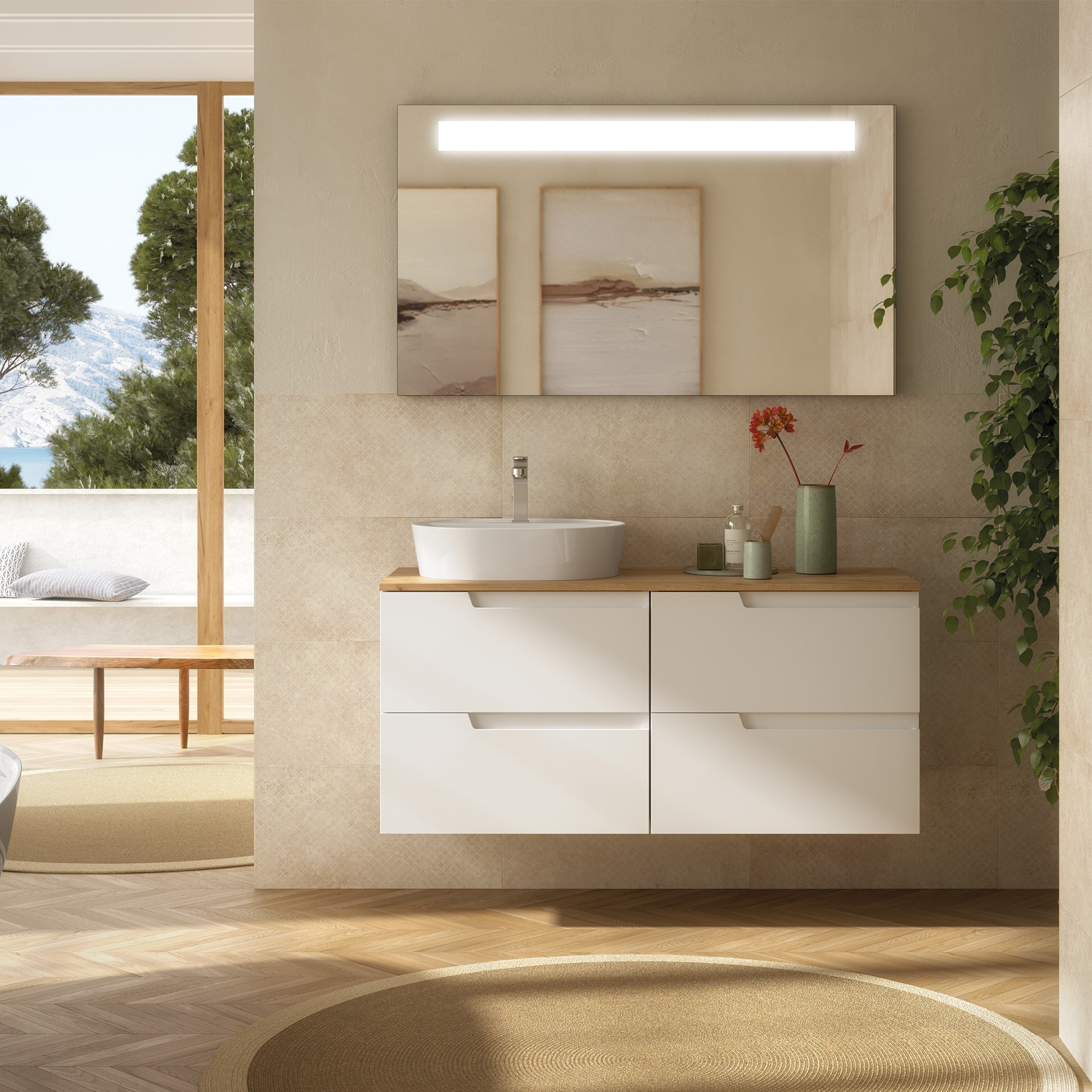 Mobile da Bagno Sospeso 120 cm Bianco Opaco con Top Rovere Africa e Specchio Inclusi | Salgar Vima