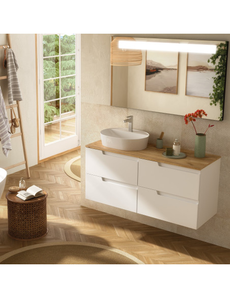 Mobile da Bagno Sospeso 120 cm Bianco Opaco con Top Rovere Africa e Specchio Inclusi | Salgar Vima