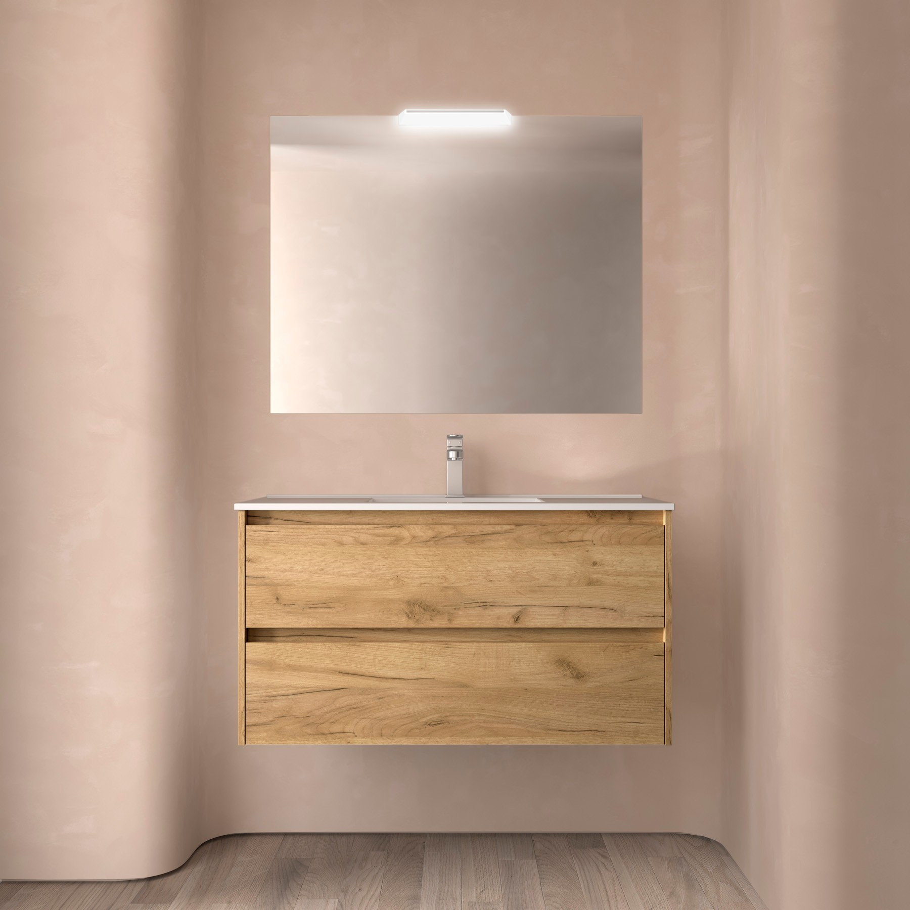 Mobile da Bagno Sospeso 100 cm Lavabo e Specchio Inclusi Rovere Africa | Salgar Noja