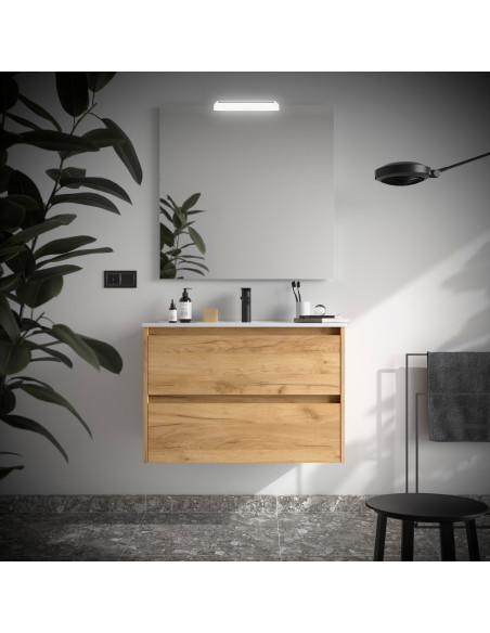 Mobile da Bagno Sospeso 90 cm Lavabo e Specchio Inclusi Rovere Africa | Salgar Noja