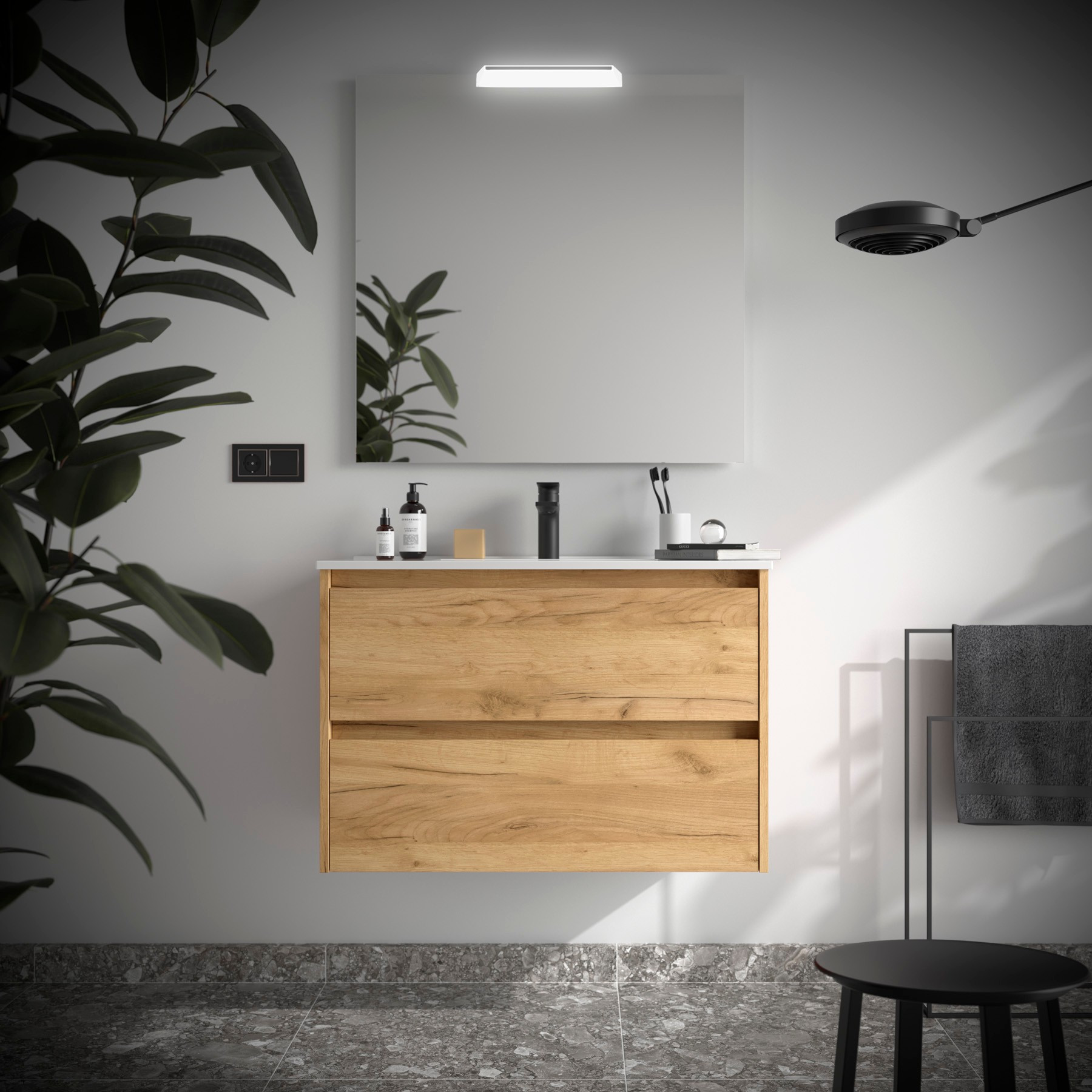 Mobile da Bagno Sospeso 90 cm Lavabo e Specchio Inclusi Rovere Africa | Salgar Noja