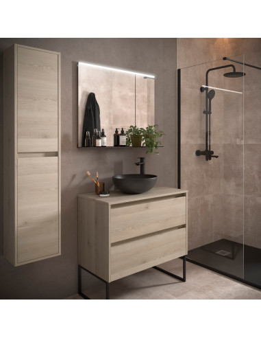 Mobile da Bagno Sospeso 80 cm con Top e Specchio Inclusi Natural | Salgar Noja