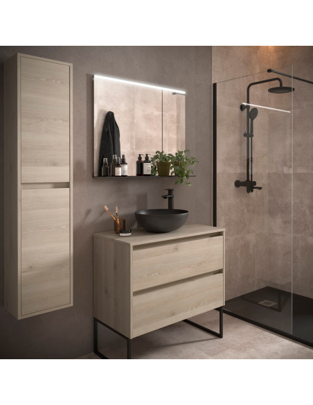 Mobile da Bagno Sospeso 80 cm con Top e Specchio Inclusi Natural | Salgar Noja