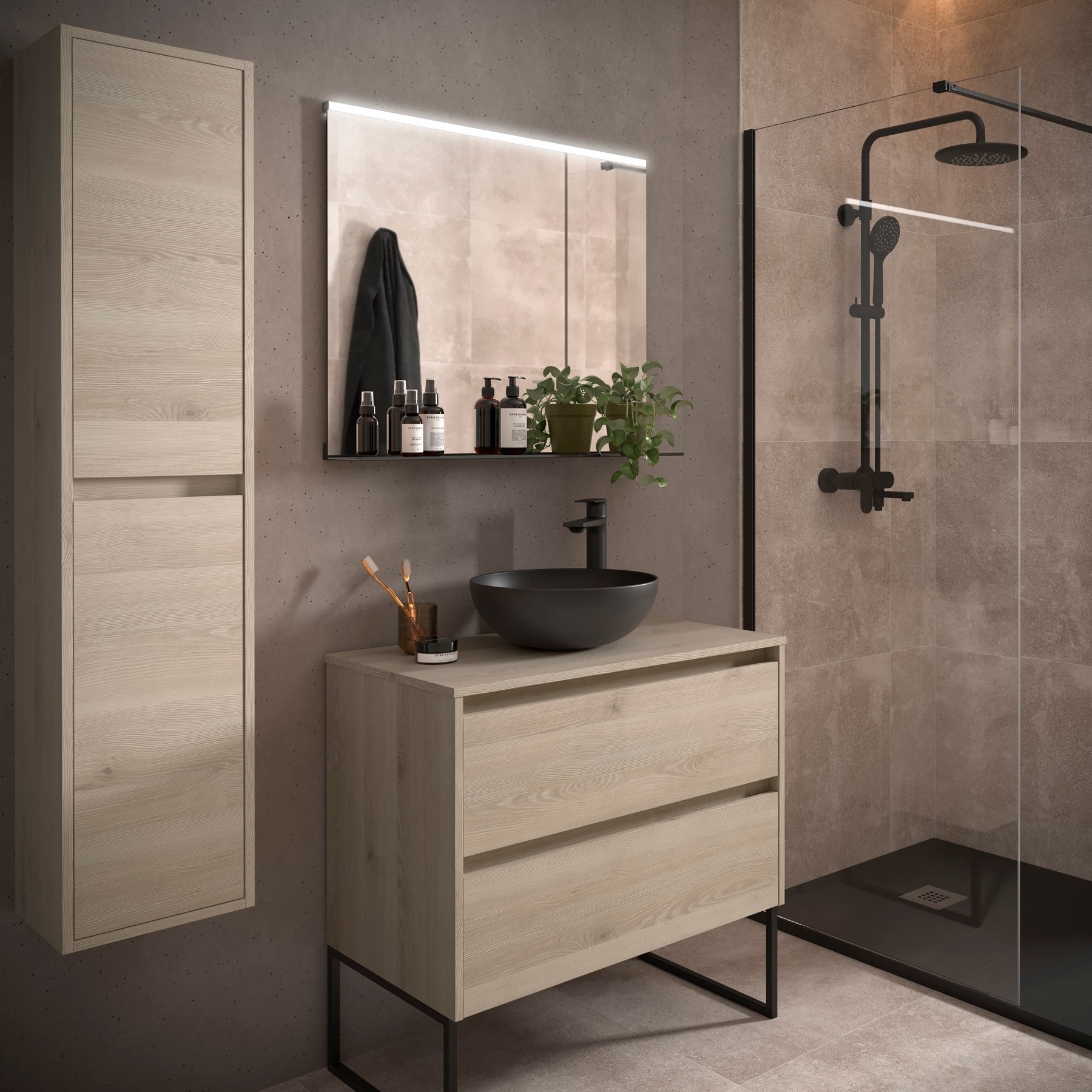 Mobile da Bagno Sospeso 80 cm con Top e Specchio Inclusi Natural | Salgar Noja