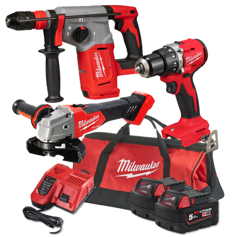 Kit 18V Tassellatore + Trapano a Percussione + Smerigliatrice + 2 Batterie 5 Ah  | Milwaukee M18 PPA3-502