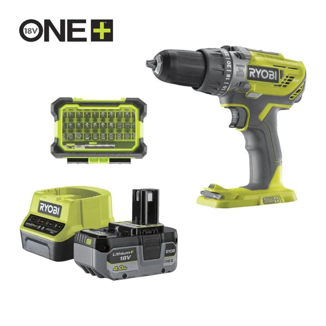 Trapano Avvitatore a Percussione 18V (1x 4.0Ah) + Set Accessori  | Ryobi R18PD3-140SA
