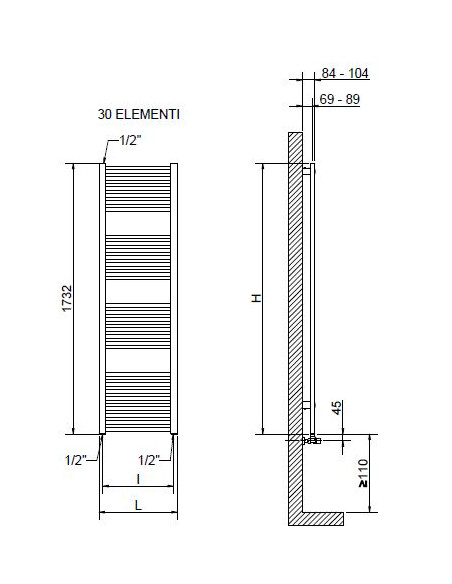Termoarredo Idraulico Bianco 180x60 Interasse 55 cm | Cordivari Lisa 22 Termoarredo