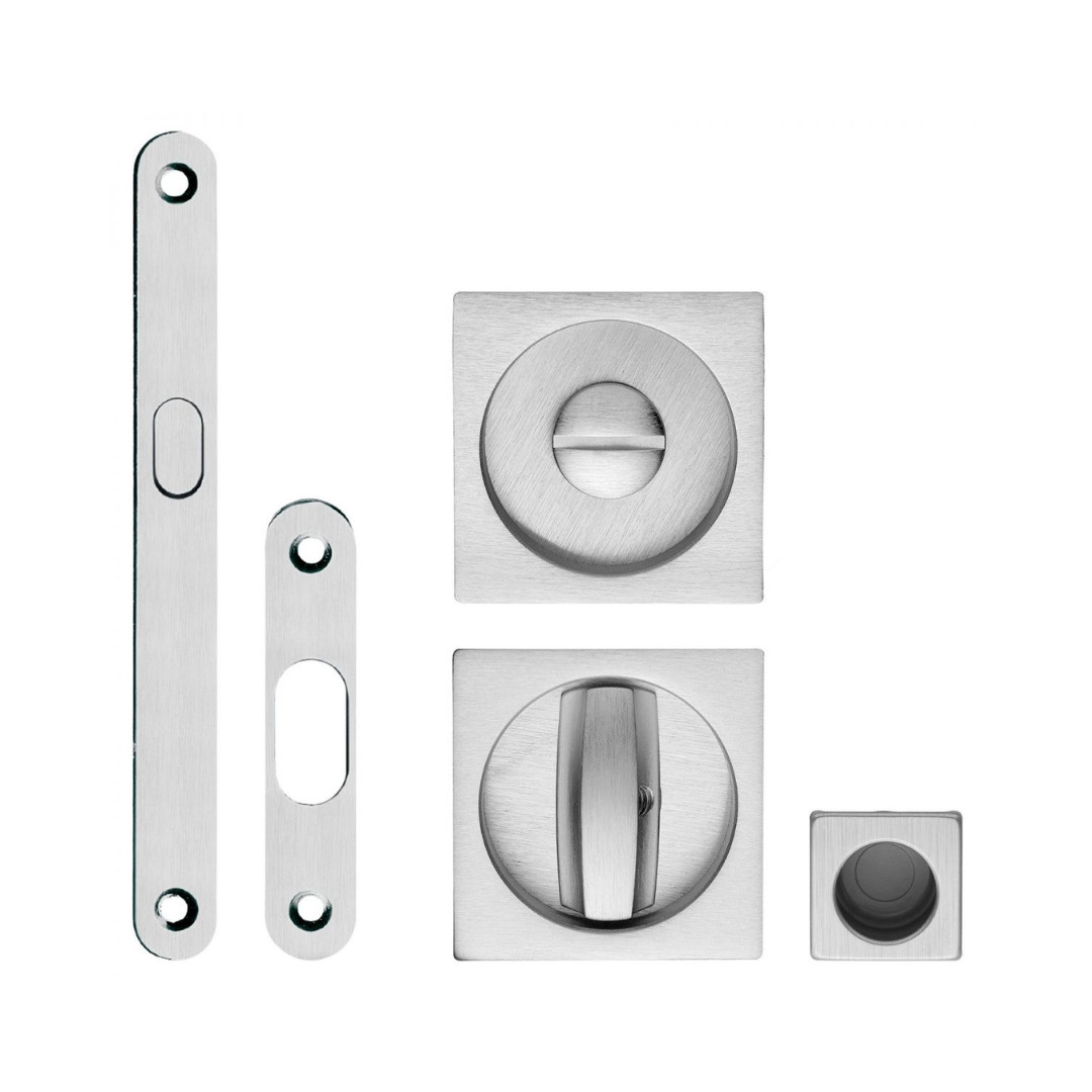 Kit Maniglia Cromo Satinato Incasso Quadra con Nottolino e Gancio per Porta Scorrevole | ZB Edge 28