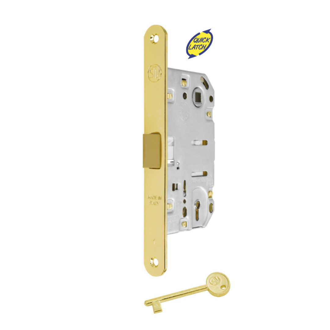 Serratura Porta Battente con Chiave Ottone Lucido Interasse 90 mm – Scrocco Silenziato | Patent