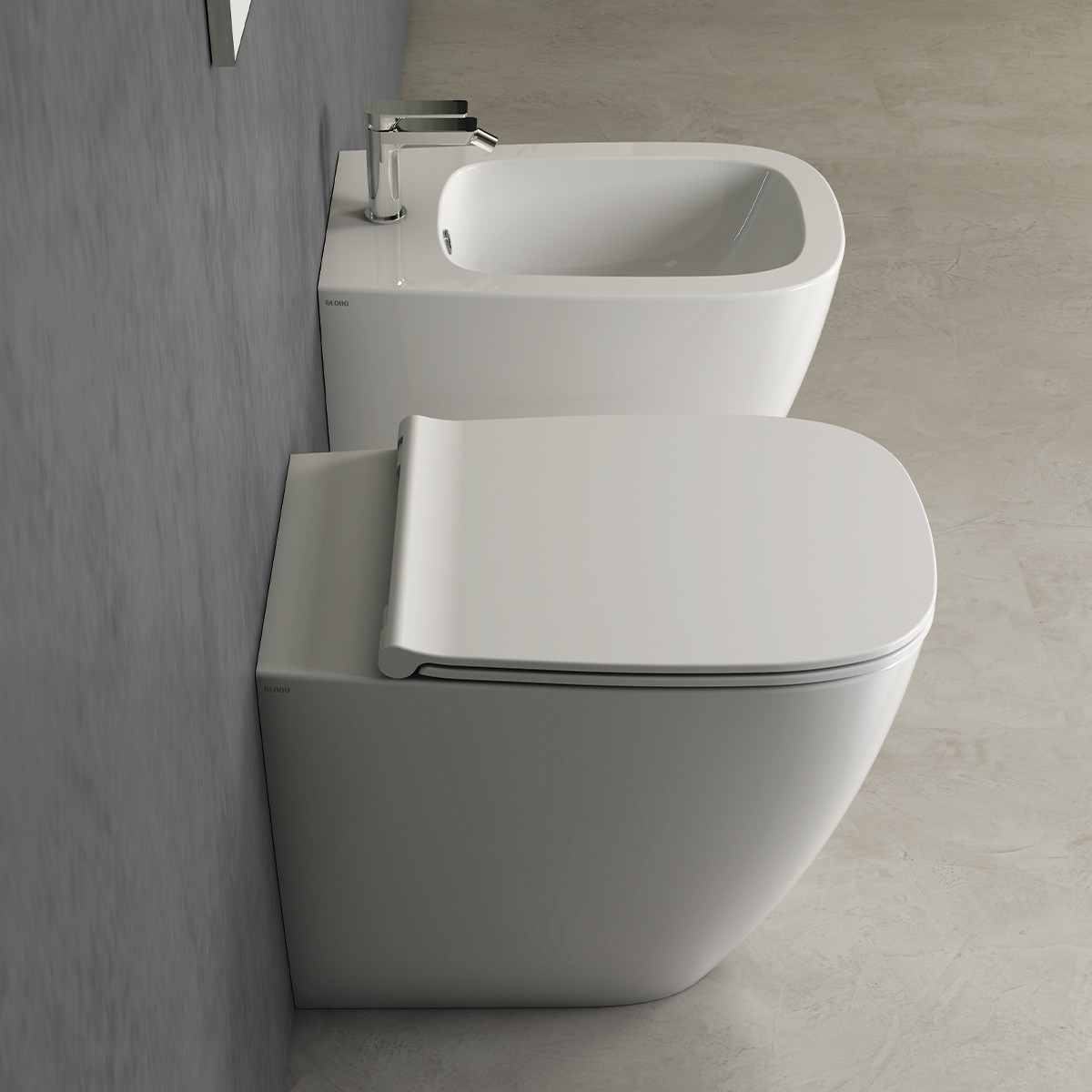 Coppia Sanitari Filomuro Vaso e Bidet Senza Brida + Coprivaso Soft-Close | Globo Genesis Multi 55.36