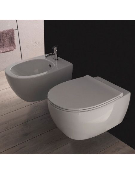 Coppia Sanitari Sospesi Vaso e Bidet Senza Brida + Coprivaso Soft-Close | Globo 4ALL 54.36 Coppia Sanitari