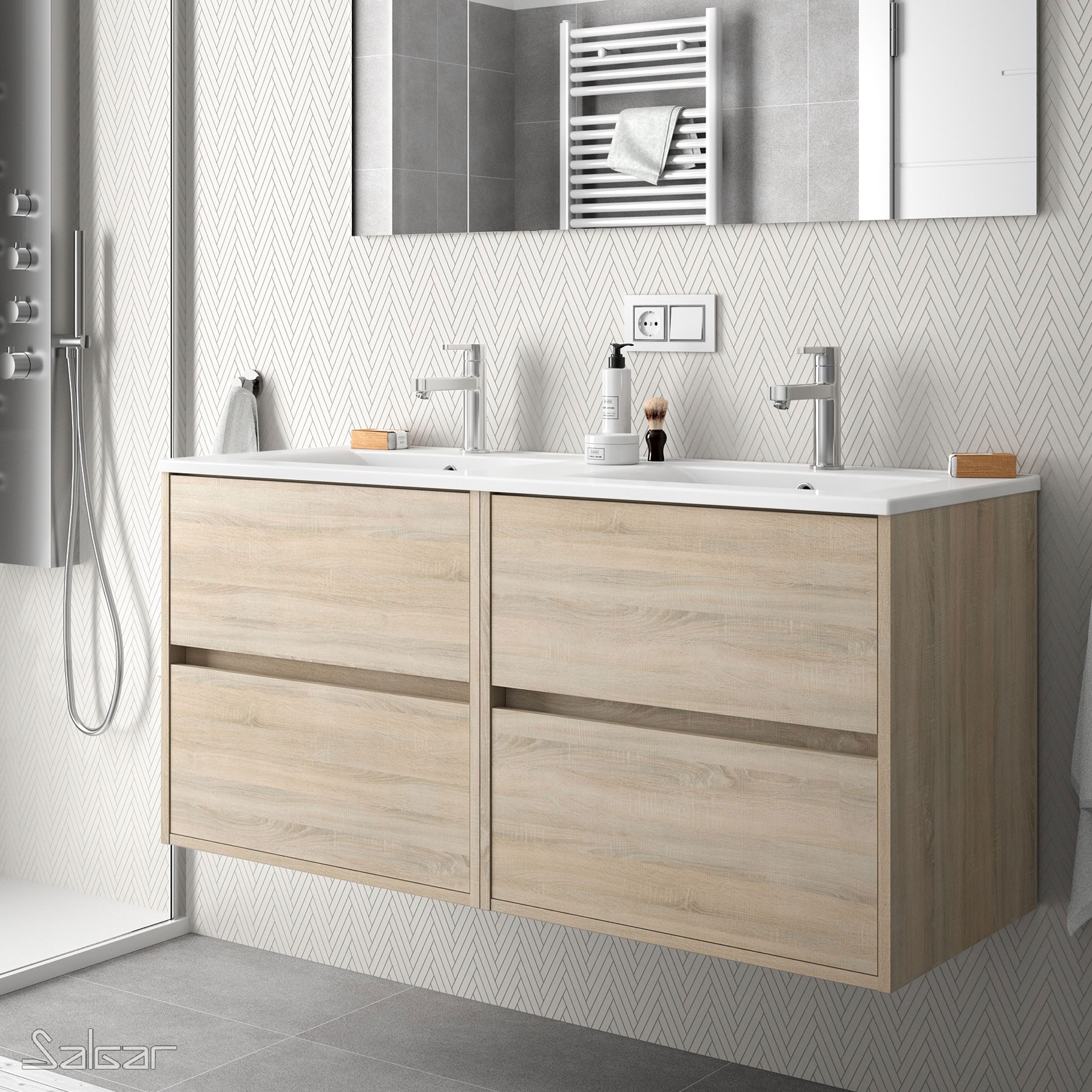 Doppio Mobile da Bagno Sospeso 120 cm Lavabo e Specchio Inclusi Rovere Caledonia | Salgar Noja
