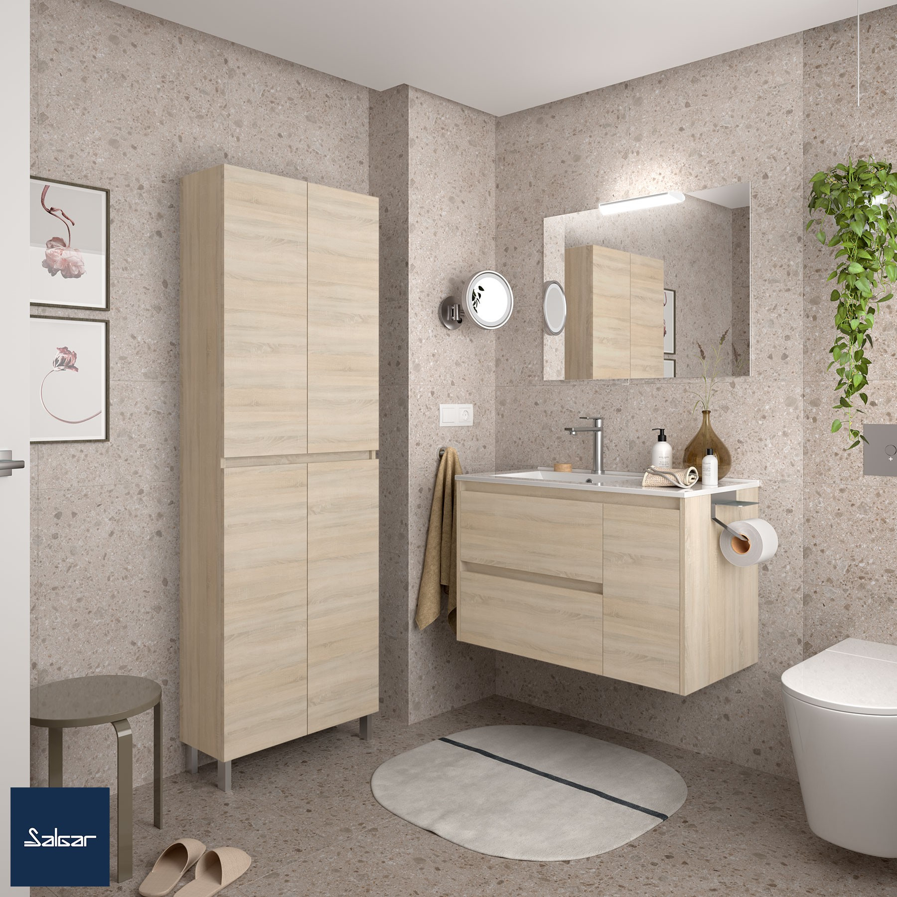 Mobile Bagno Sospeso 85 cm Lavabo e Specchio Inclusi Rovere Caledonia | Salgar Noja