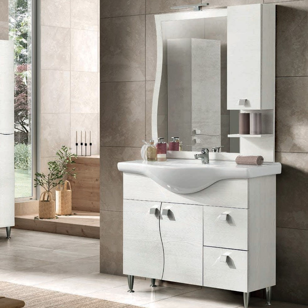 Mobile da Bagno a Terra 85 cm Bianco Nordico Specchiera Applique e Lavabo Inclusi | Bluelife Onda