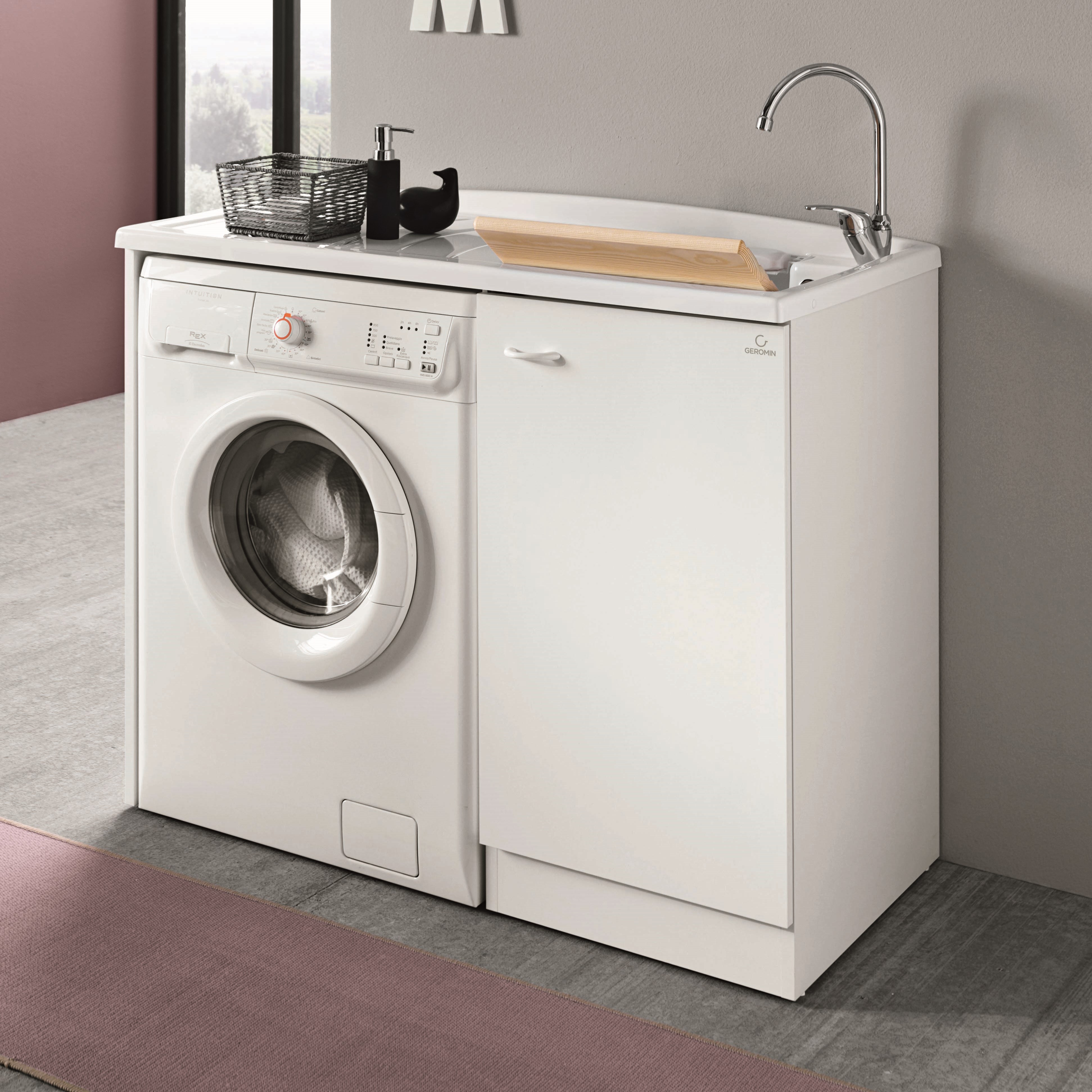Mobile Lavatoio Sinistro Anta Singola Con Coprilavatrice 110x60 cm 86h cm Asse in Termoplastico | Geromin Prima