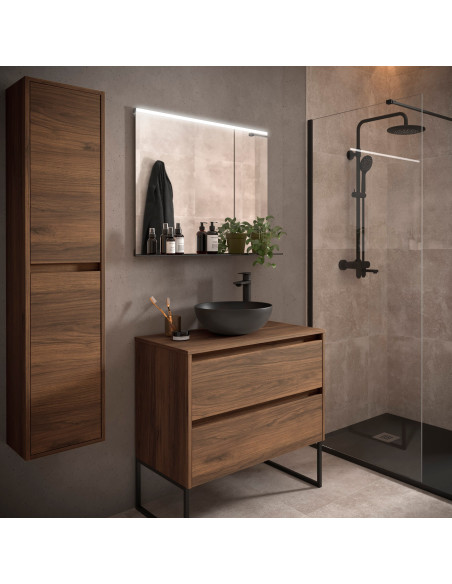 Mobile da Bagno Sospeso 80 cm con Top e Specchio Inclusi Noce Maya | Salgar Noja