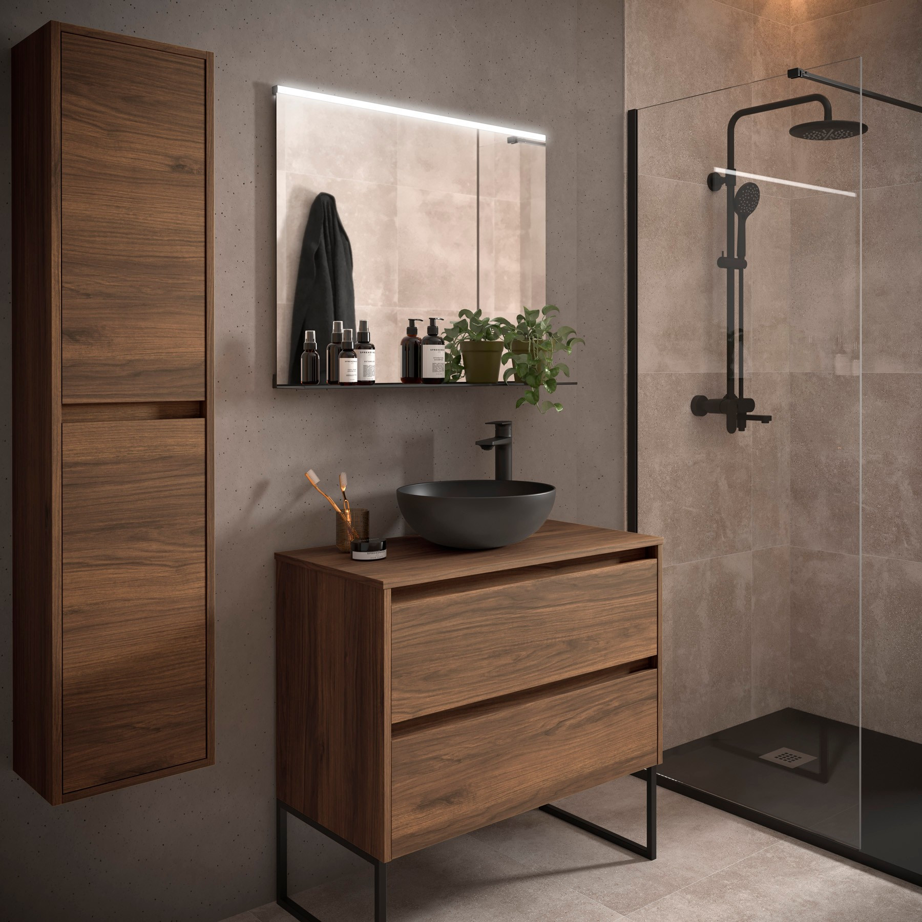 Mobile da Bagno Sospeso 80 cm con Top e Specchio Inclusi Noce Maya | Salgar Noja