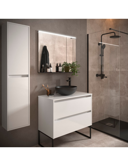 Mobile da Bagno Sospeso 80 cm con Top e Specchio Inclusi Bianco Lucido | Salgar Noja