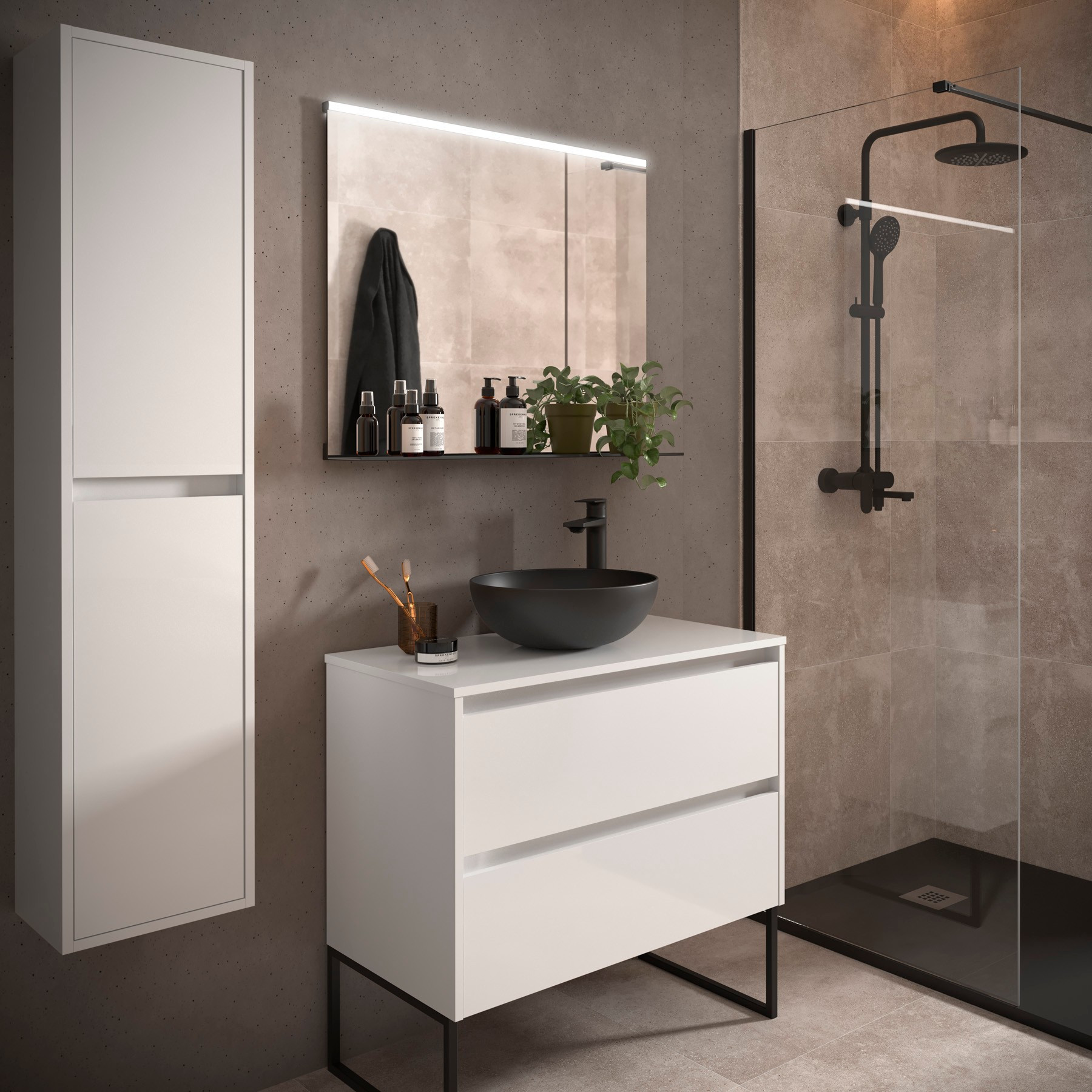 Mobile da Bagno Sospeso 80 cm con Top e Specchio Inclusi Bianco Lucido | Salgar Noja