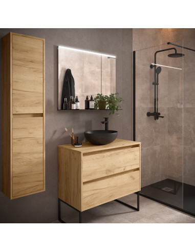 Mobile da Bagno Sospeso 80 cm con Top e Specchio Inclusi Rovere Africa | Salgar Noja