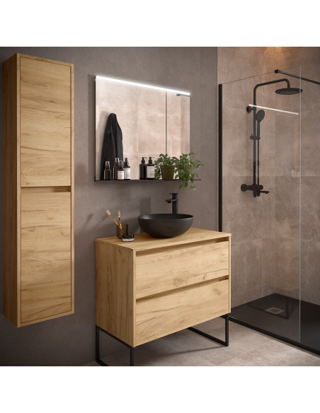 Mobile da Bagno Sospeso 80 cm con Top e Specchio Inclusi Rovere Africa | Salgar Noja