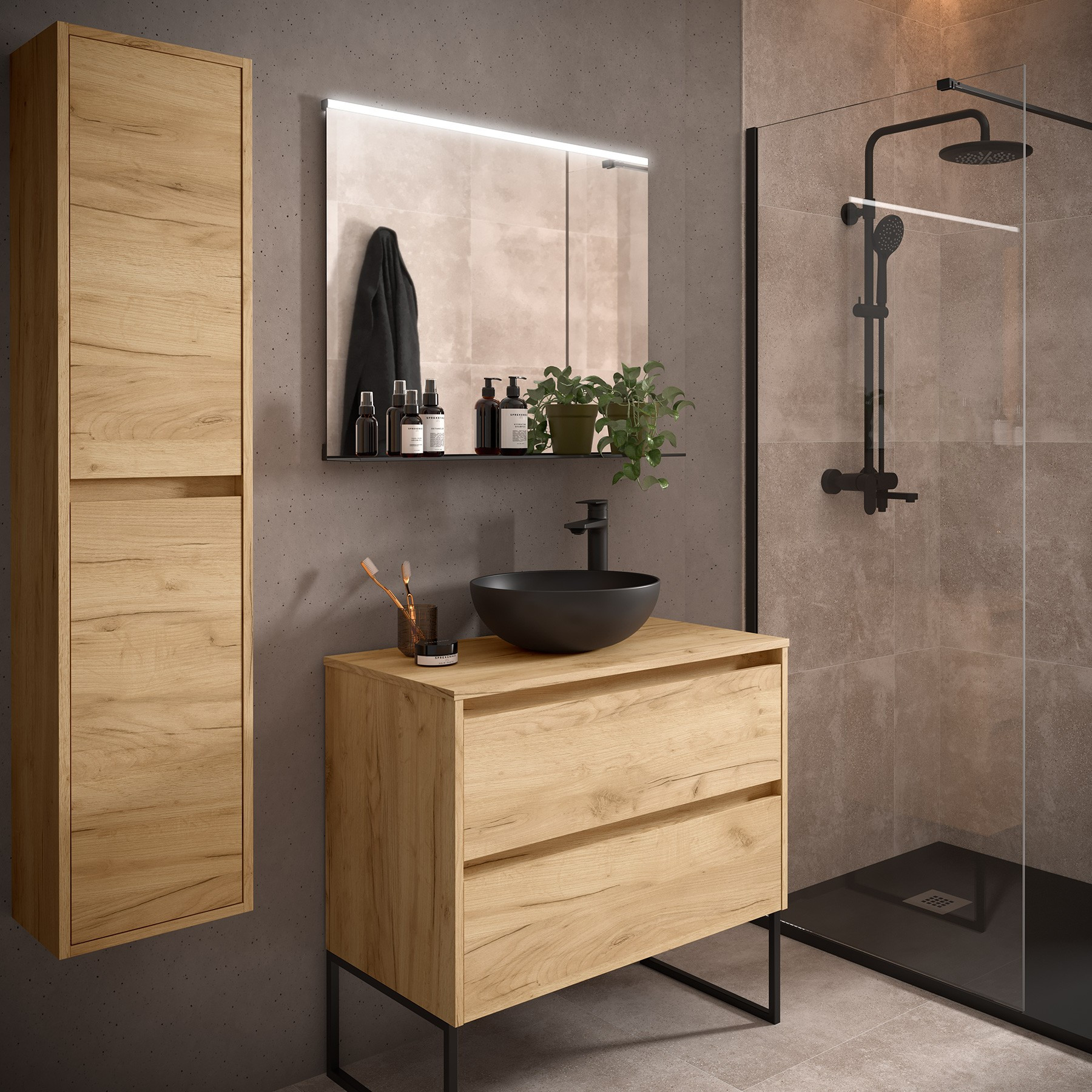 Mobile da Bagno Sospeso 80 cm con Top e Specchio Inclusi Rovere Africa | Salgar Noja