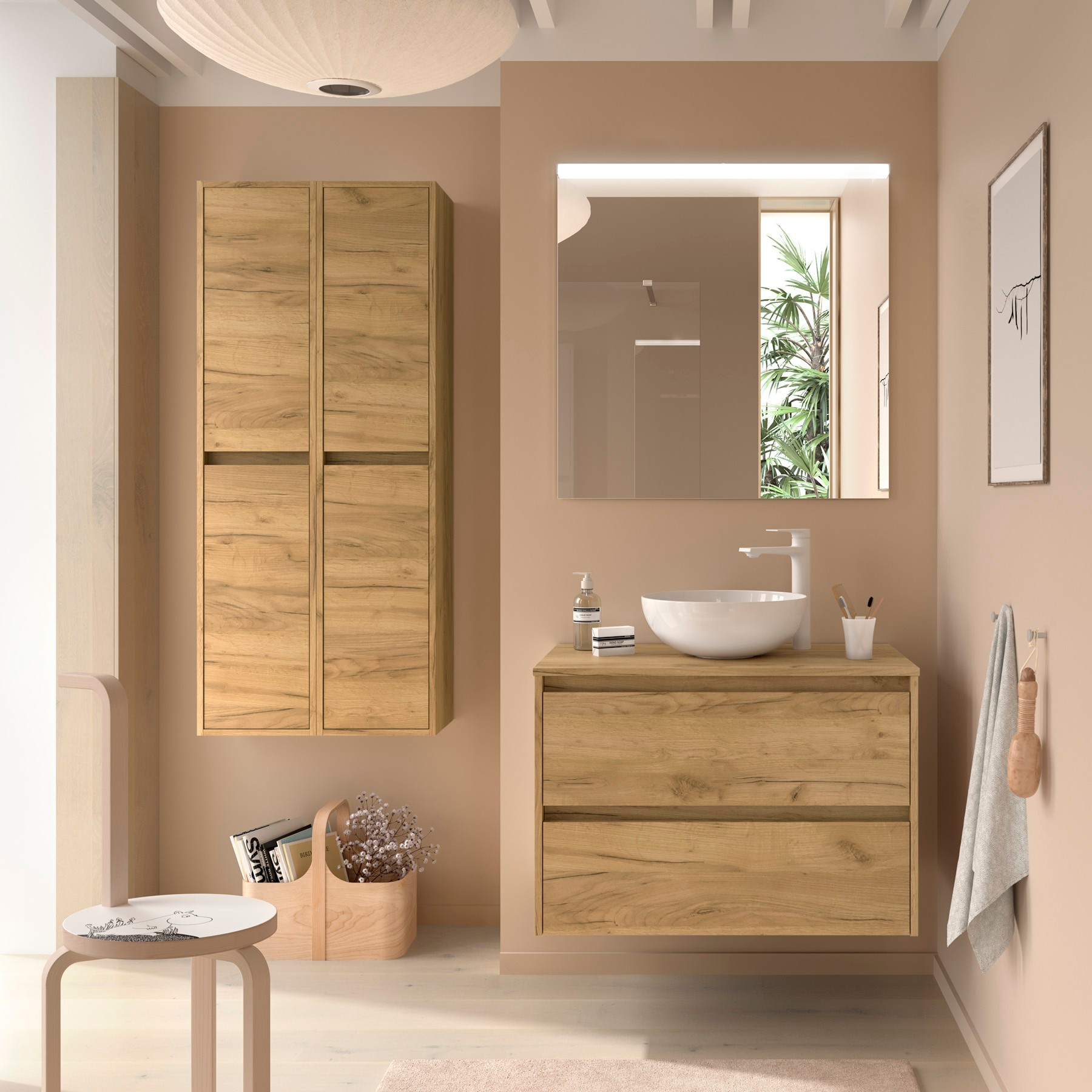 Mobile da Bagno Sospeso 100 cm con Top e Specchio Inclusi Rovere Africa | Salgar Noja