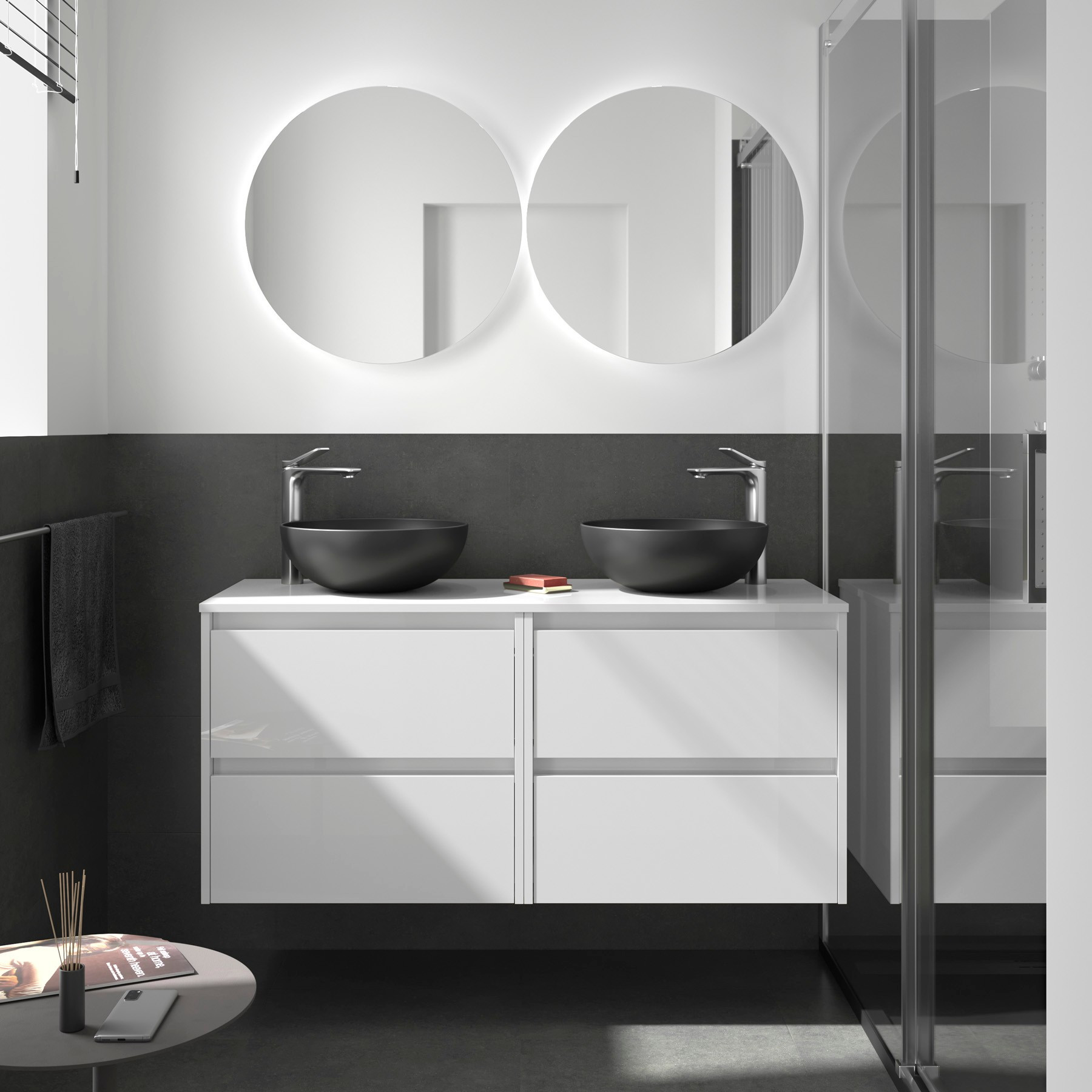 Mobile da Bagno Sospeso 140 cm con Top e Specchio Inclusi Bianco Lucido | Noja