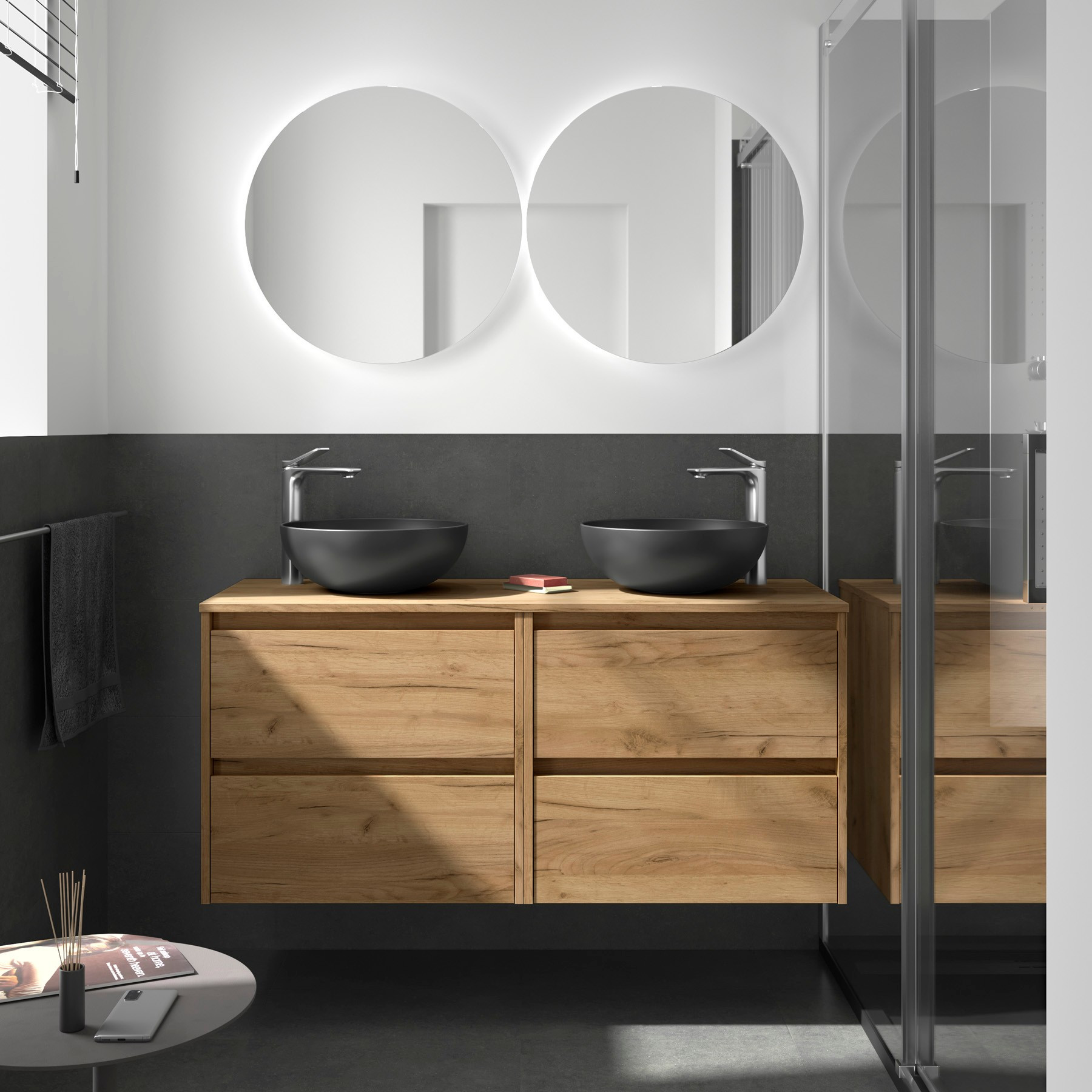 Mobile da Bagno Sospeso 140 cm con Top e Specchio Inclusi Rovere Africa | Salgar Noja