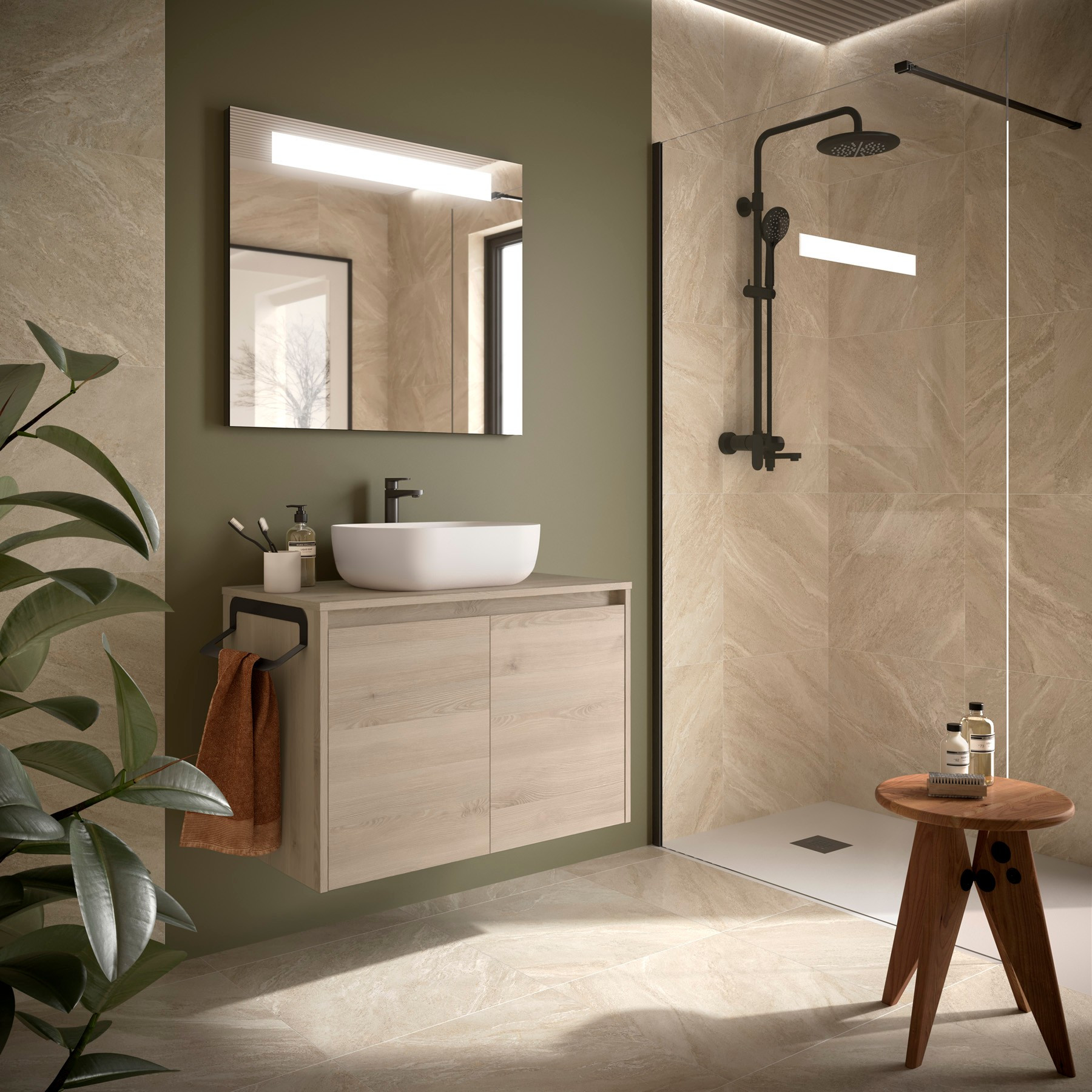 Mobile da Bagno Sospeso 80 cm Due Ante con Top e Specchio Inclusi Natural  | Salgar Noja
