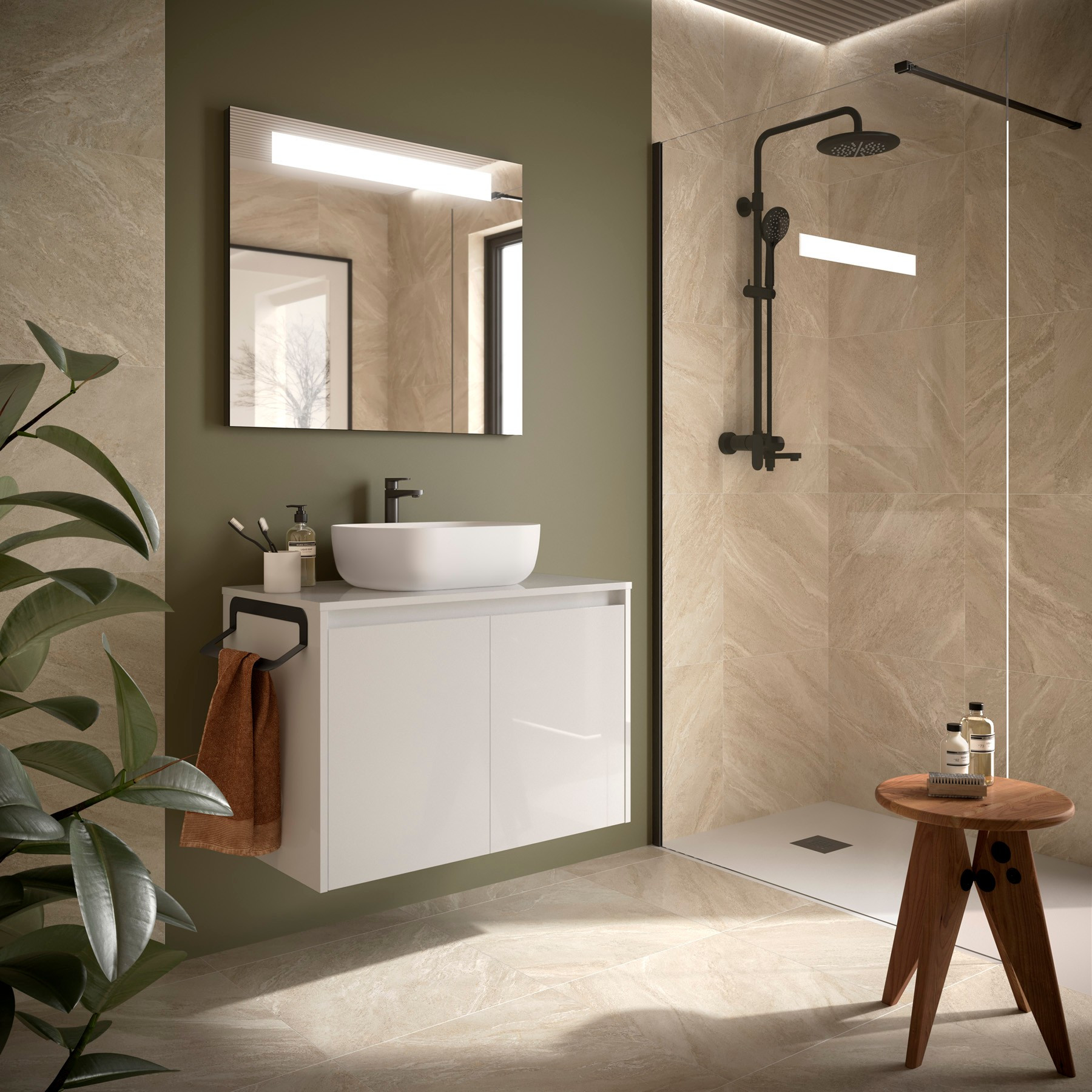 Mobile da Bagno Sospeso 80 cm Due Ante con Top e Specchio Inclusi Bianco Lucido  | Salgar Noja