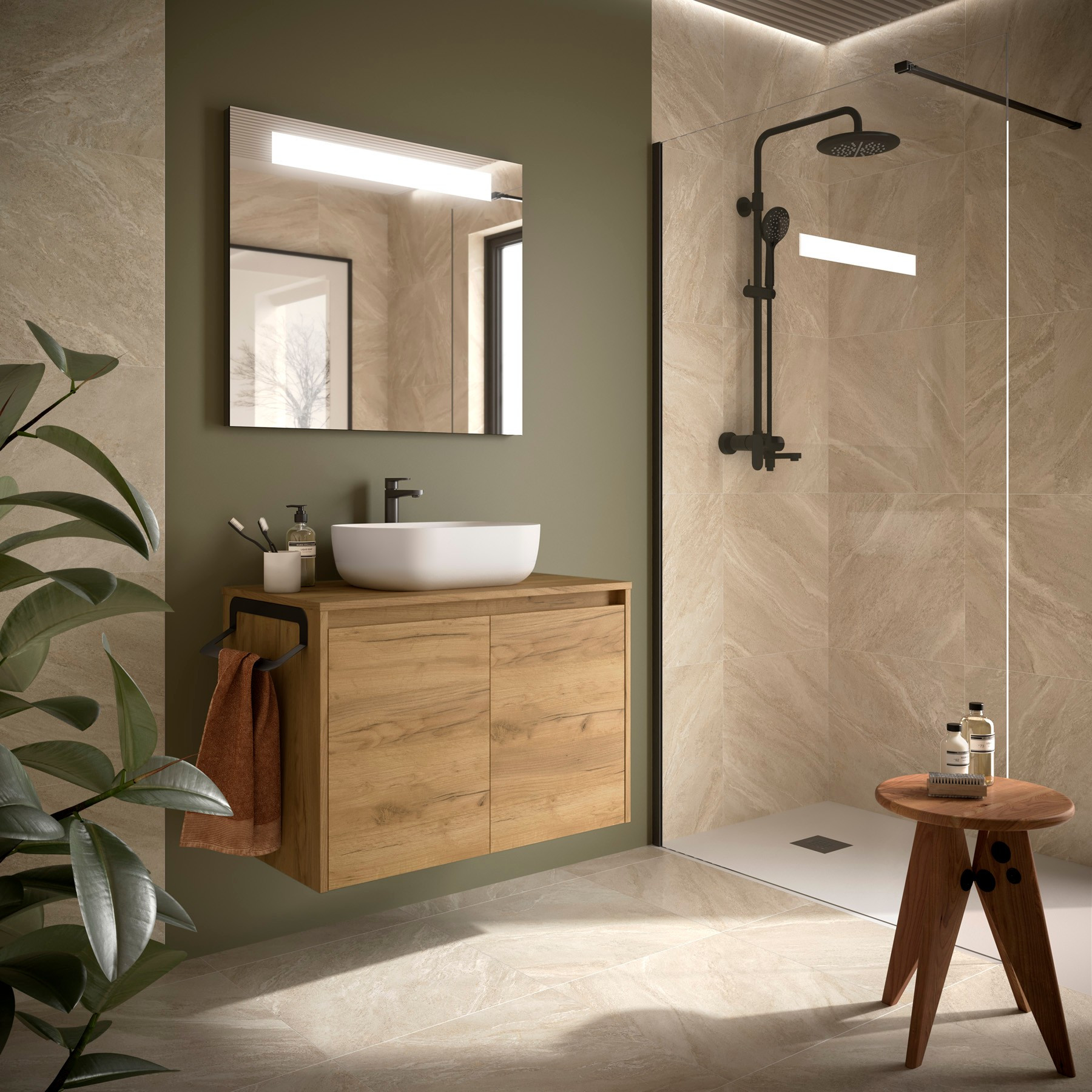 Mobile da Bagno Sospeso 80 cm Due Ante con Top e Specchio Inclusi Rovere Africa  | Salgar Noja
