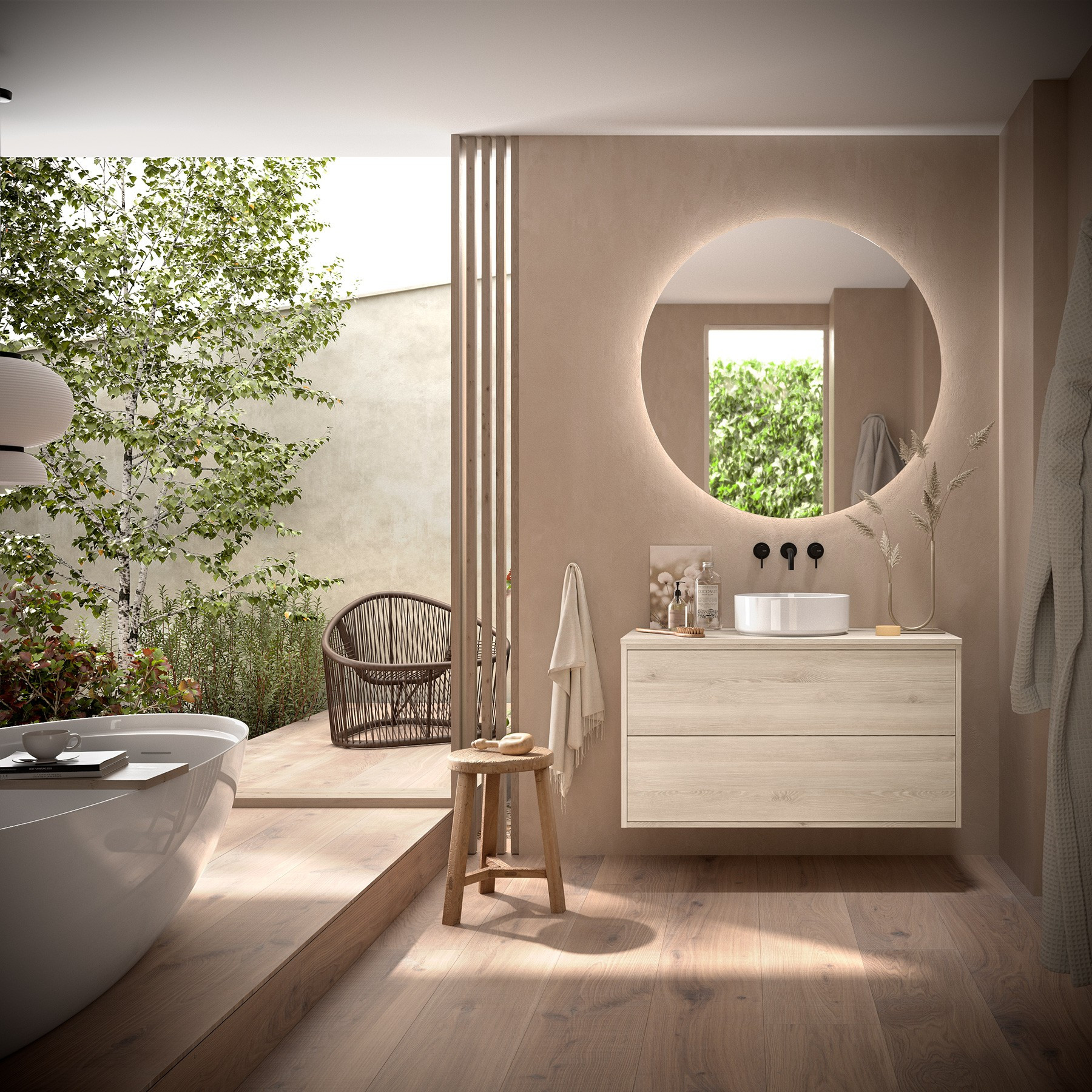 Mobile da Bagno Sospeso 100 cm con Top e Specchio Inclusi Natural | Salgar Optimus