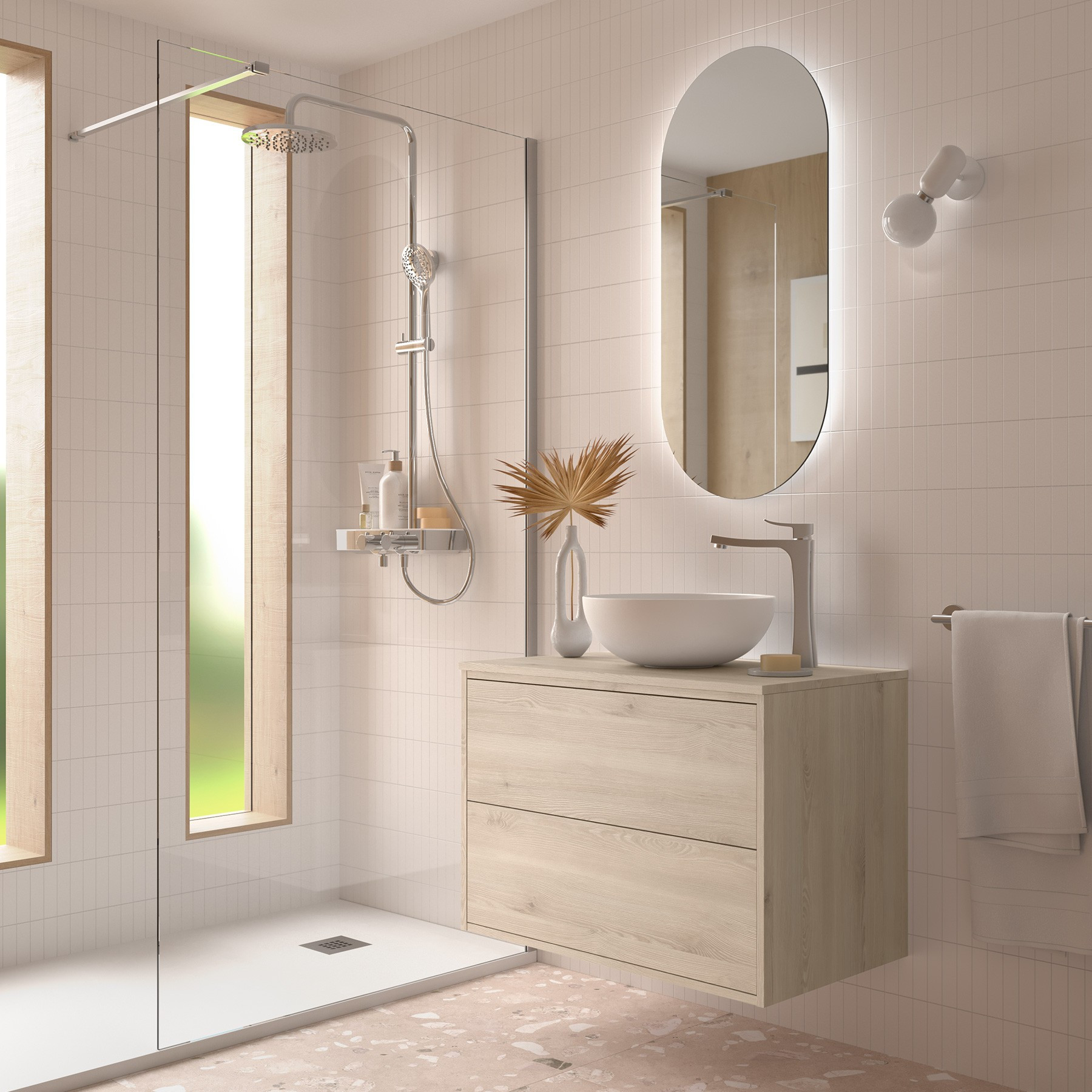 Mobile da Bagno Sospeso 80 cm con Top e Specchio Inclusi Natural | Salgar Optimus