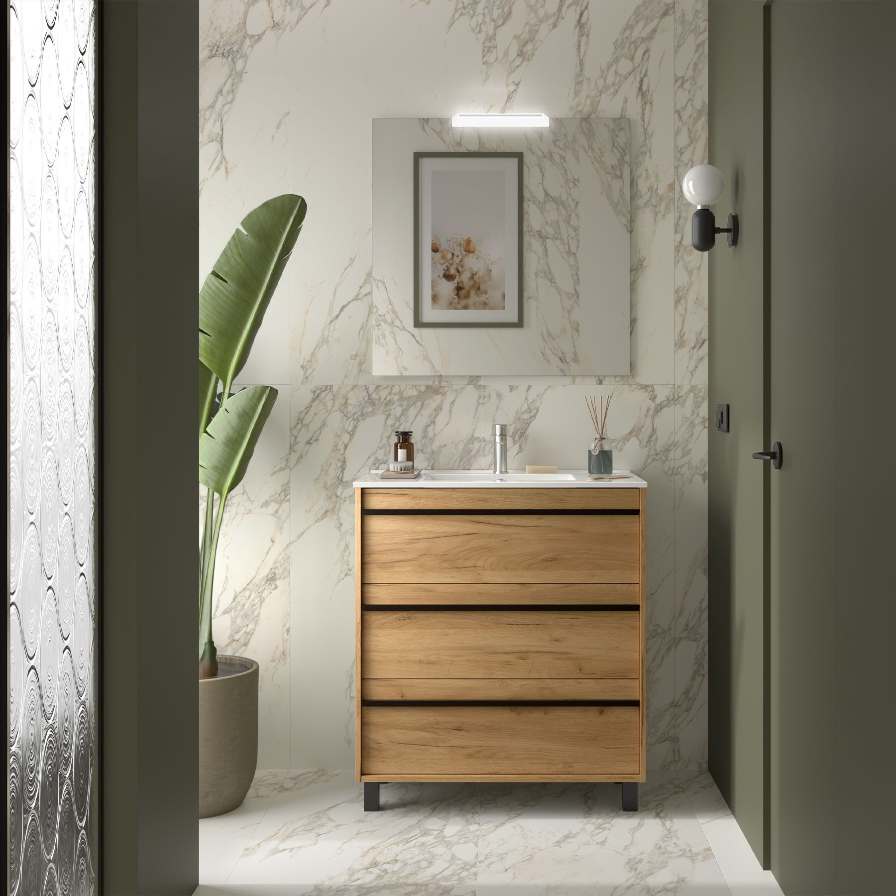 Mobile da Bagno a Terra 80 cm Lavabo e Specchio Inclusi Rovere Africa | Salgar Attila