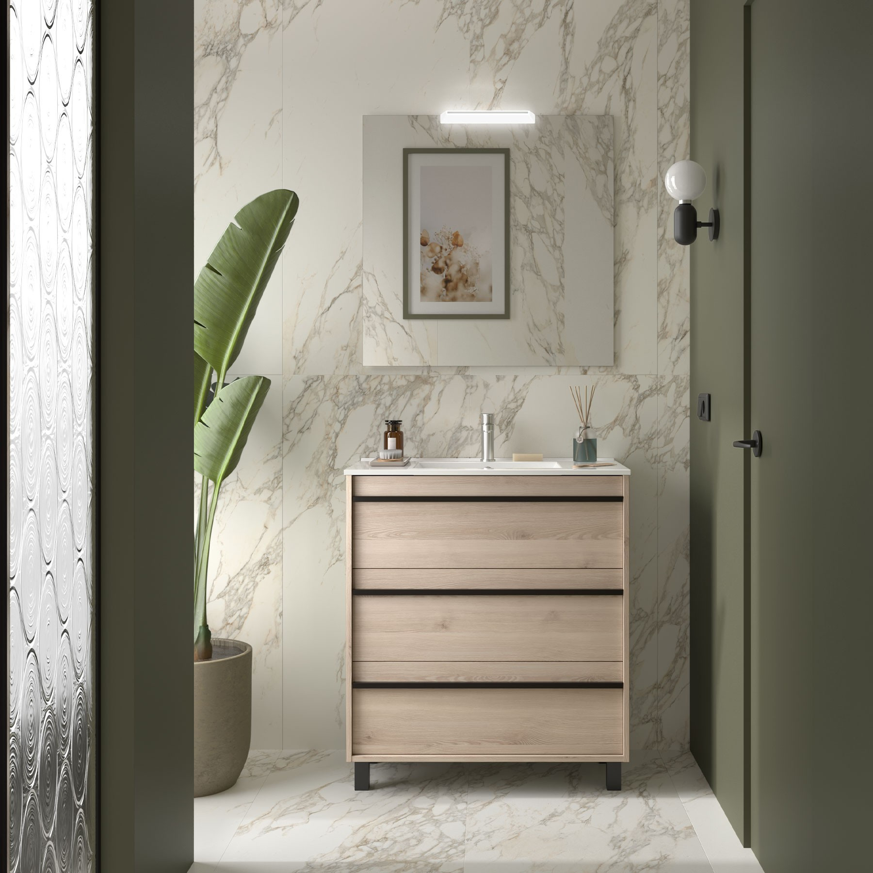 Mobile da Bagno a Terra 100 cm Lavabo e Specchio Inclusi Natural | Salgar Attila