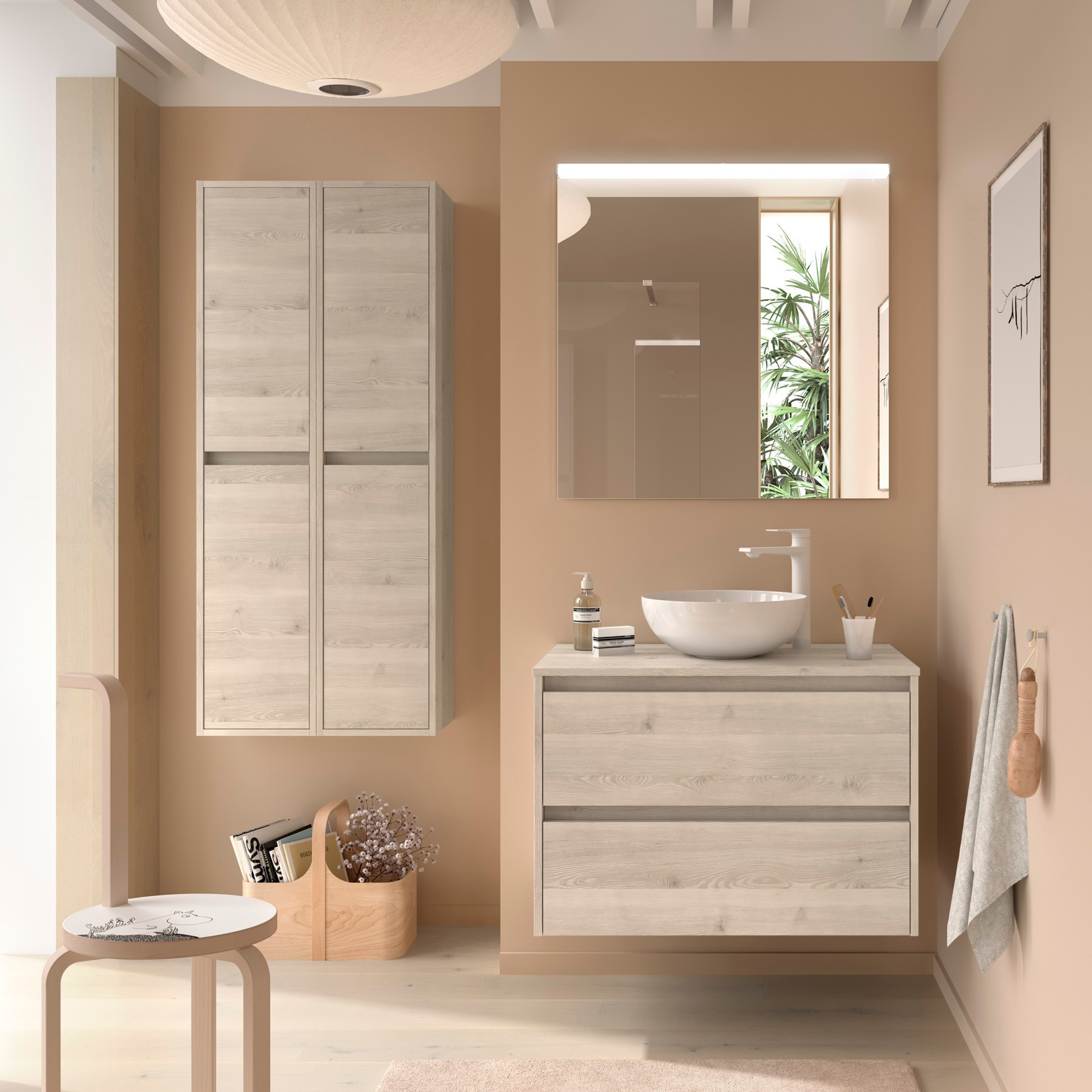 Mobile da Bagno Sospeso 100 cm con Top e Specchio Inclusi Natural | Salgar Noja