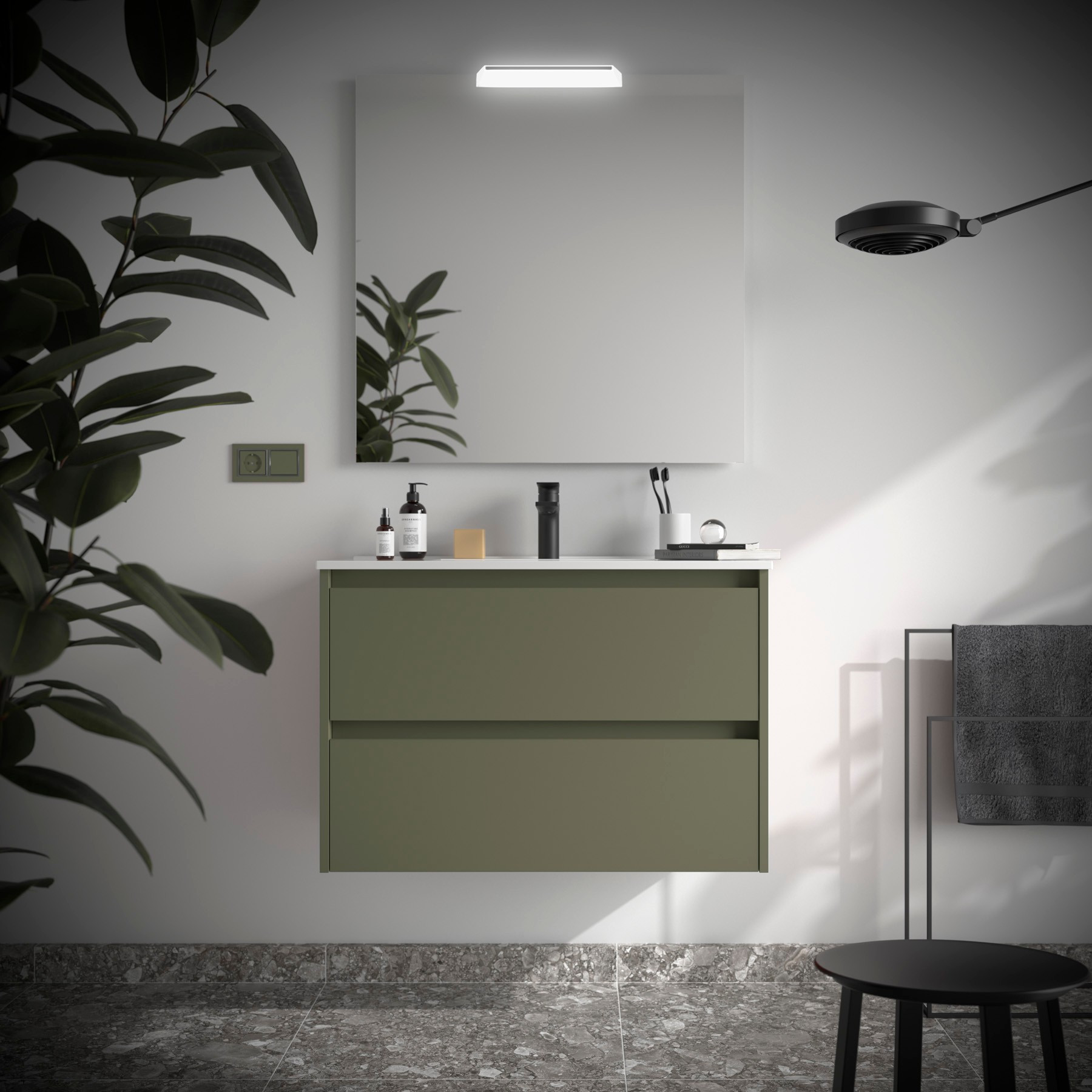 Mobile da Bagno Sospeso 80 cm Lavabo e Specchio Inclusi Verde Satinato | Salgar Noja