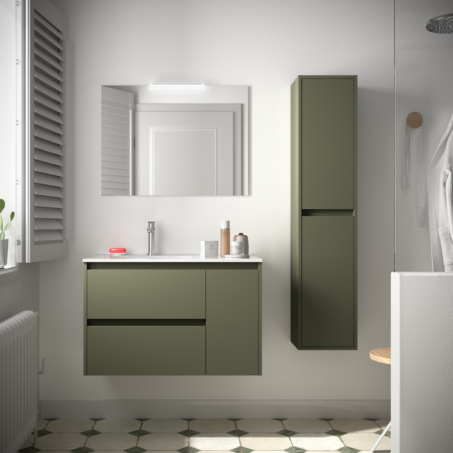 Mobile da Bagno Sospeso 85 cm con Anta Lavabo e Specchio Inclusi Verde Satinato | Salgar Noja