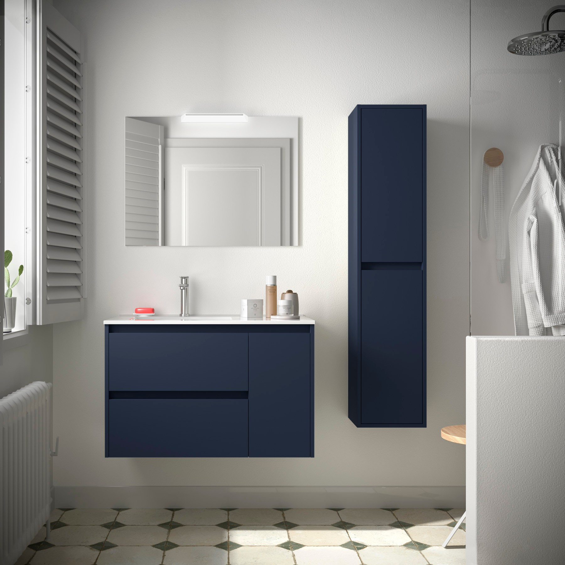 Mobile da Bagno Sospeso 85 cm con Anta Lavabo e Specchio Inclusi Blue Satin | Salgar Noja