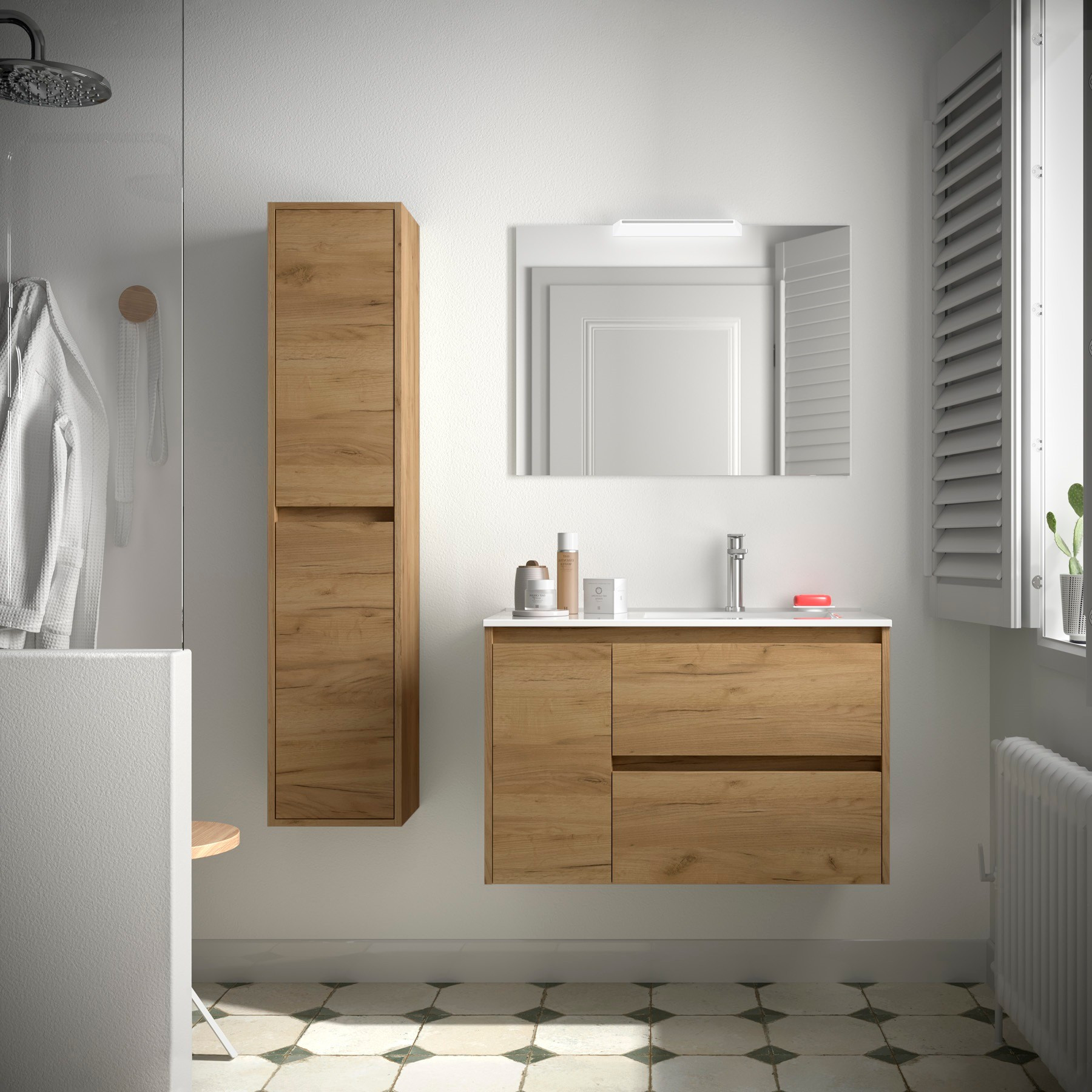 Mobile da Bagno Sospeso 85 cm con Anta Lavabo e Specchio Inclusi Rovere Africa  | Salgar Noja