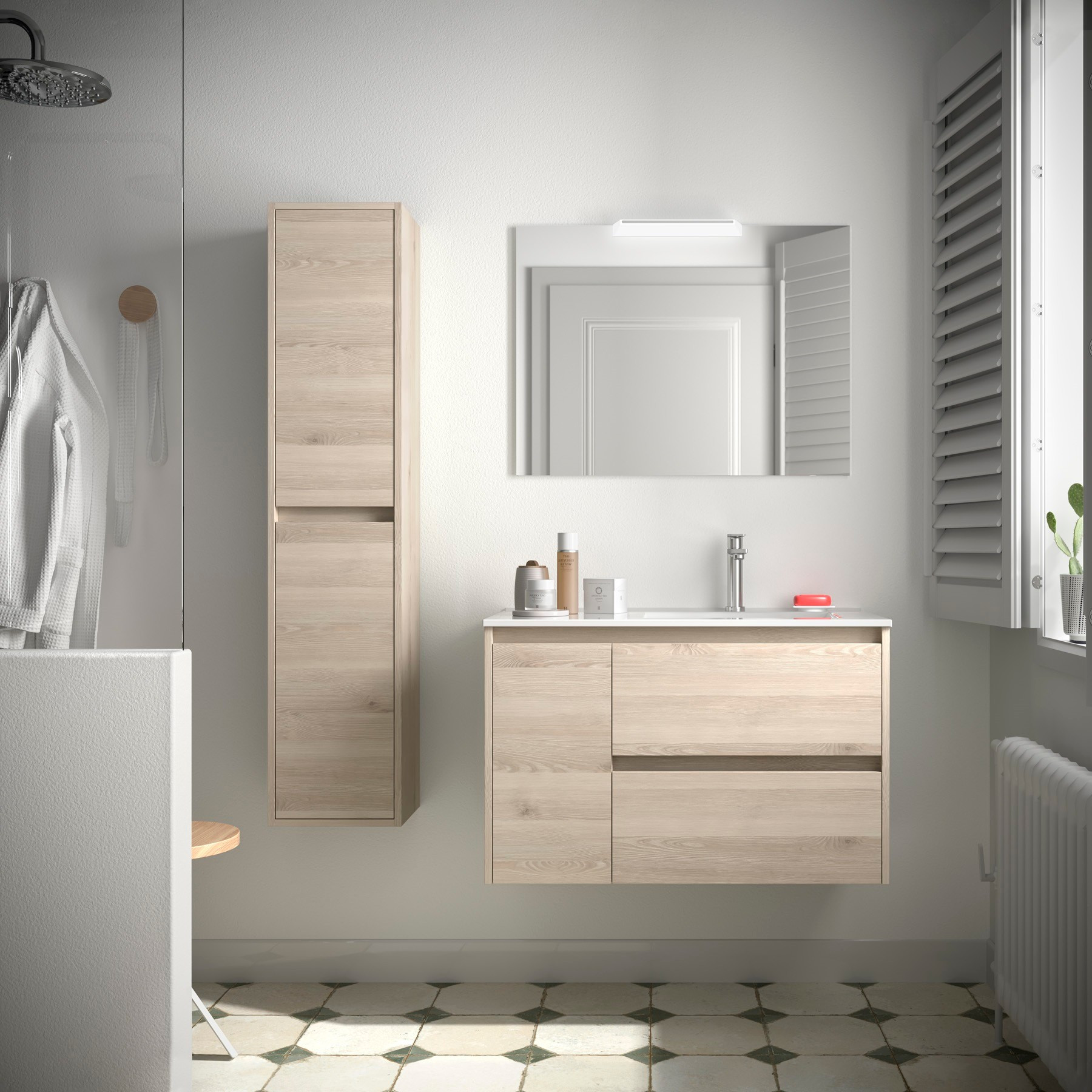 Mobile da Bagno Sospeso 85 cm con Anta Lavabo e Specchio Inclusi Natural | Salgar Noja