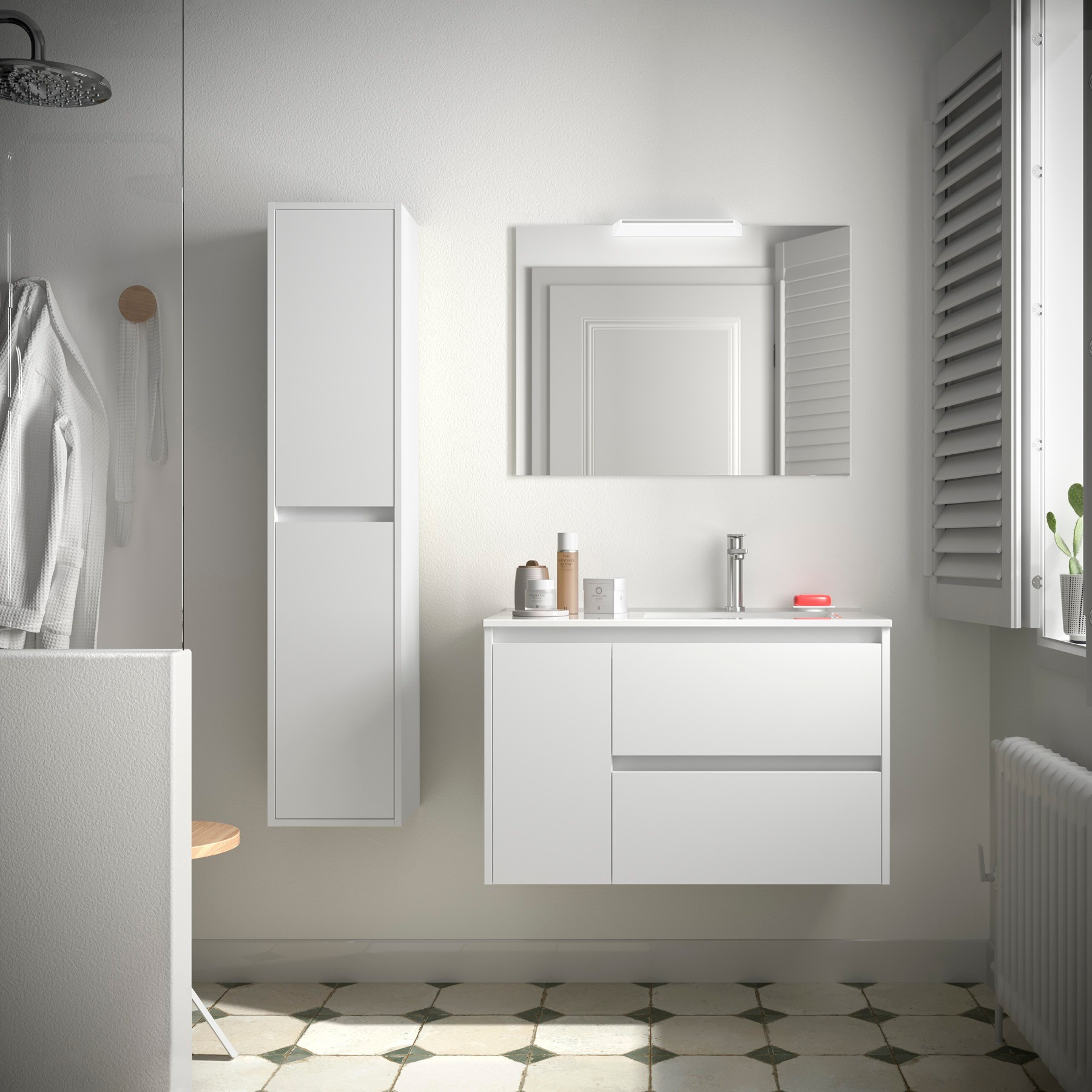 Mobile da Bagno Sospeso 85 cm con Anta Lavabo e Specchio Inclusi Bianco Opaco | Salgar Noja