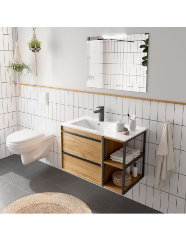 Mobile da Bagno Sospeso 85 cm con Vano Lavabo e Specchio Inclusi Rovere Africa | Salgar Attila